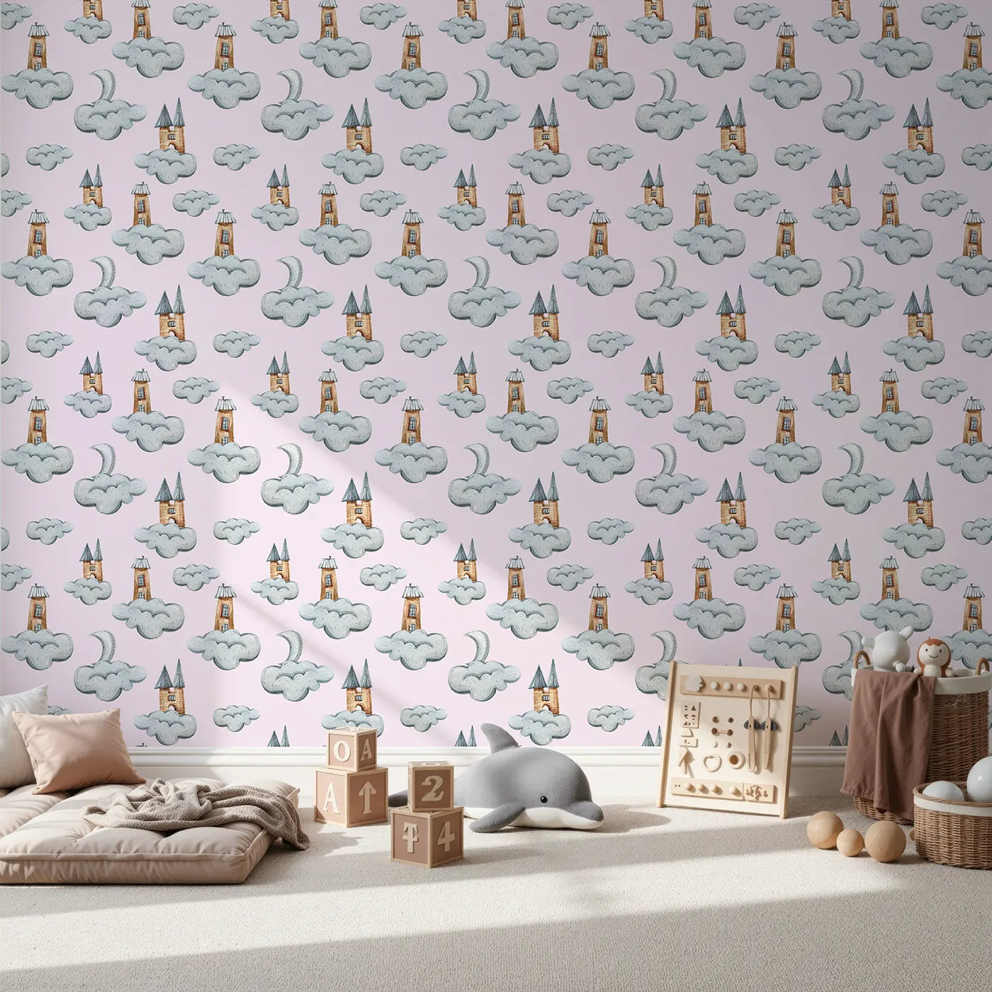 Front view of Whimsy Tots' Castle Cloud Drift Wallpaper in Pink