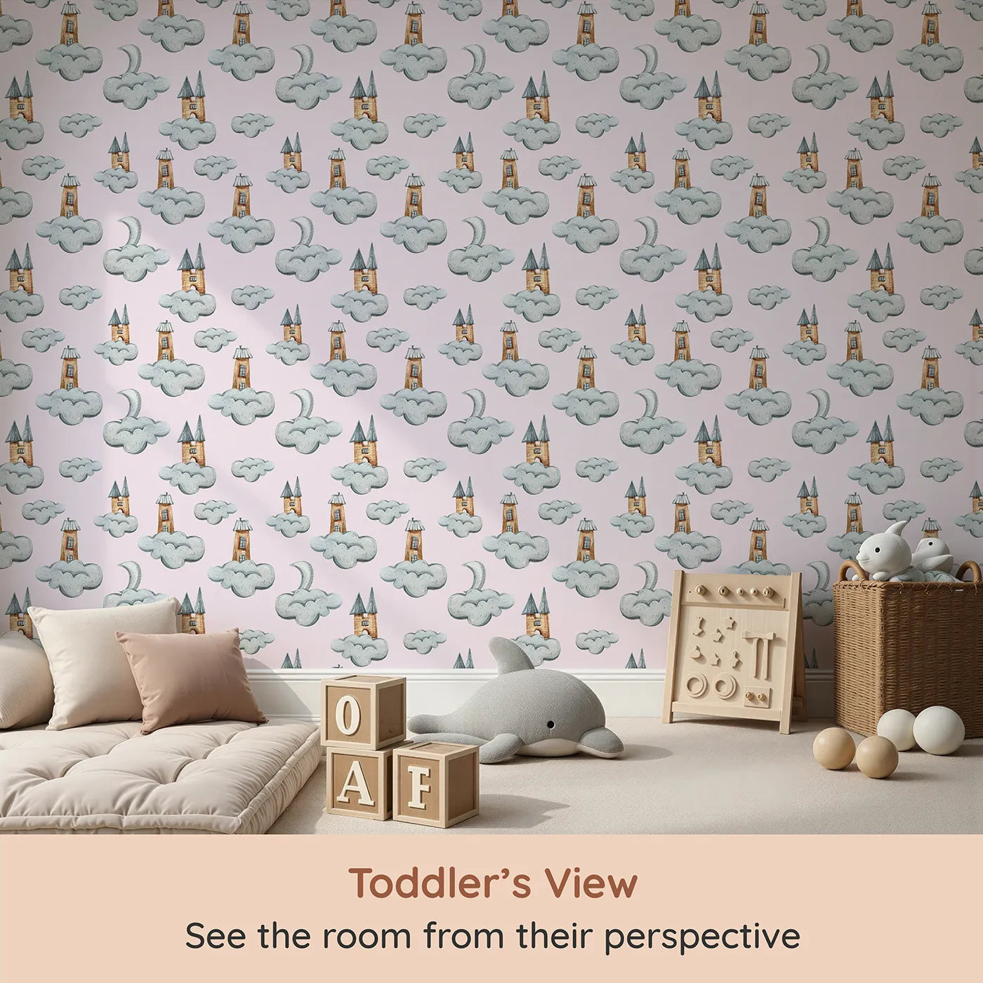 Whimsy Tots Castle Cloud Drift Wallpaper in Pink (W3319B) from your child's view.Fairytale towers float on pink skies beneath the moonโs quiet watch.