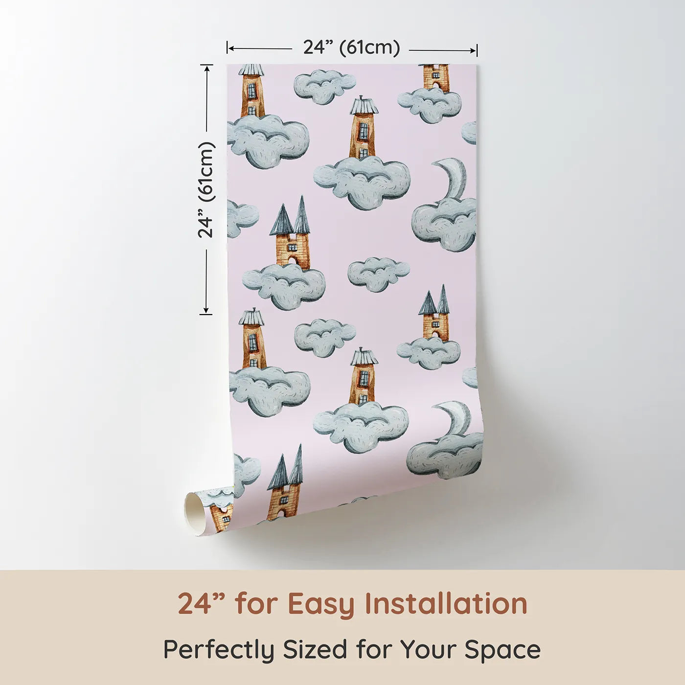 Dimension view of Whimsy Tots Castle Cloud Drift Wallpaper in Pink (W3319B). Printed in 24-inch-wide panel for easy installation. Fairytale towers float on pink skies beneath the moonโs quiet watch.