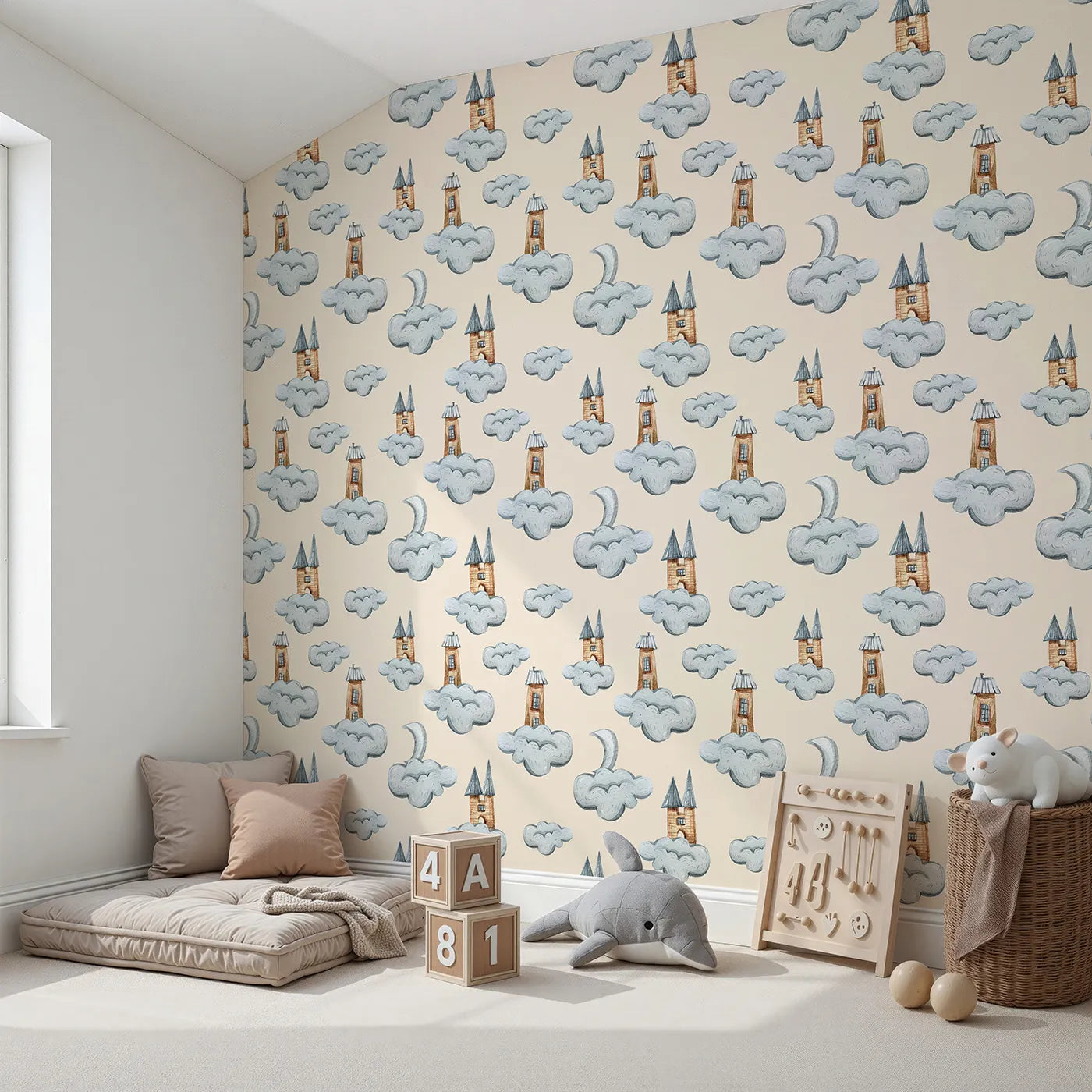 Angled view of Whimsy Tots' Castle Cloud Drift Wallpaper in Beige (W3319C).Wooden castles and puffy clouds drift across a warm beige sky.