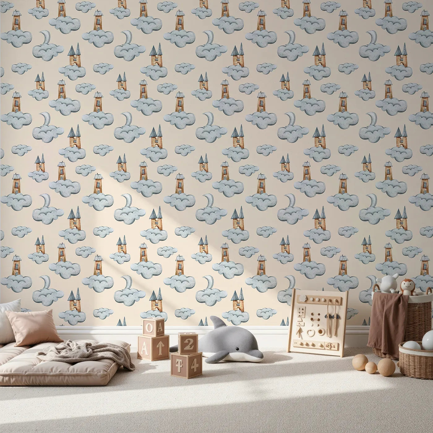 Front view of Whimsy Tots' Castle Cloud Drift Wallpaper in Beige