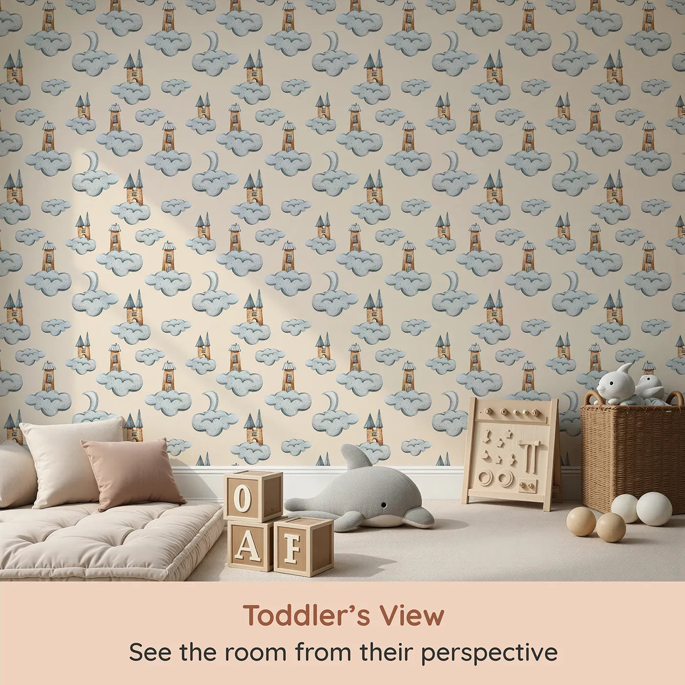 Whimsy Tots Castle Cloud Drift Wallpaper in Beige (W3319C) from your child's view.Wooden castles and puffy clouds drift across a warm beige sky.