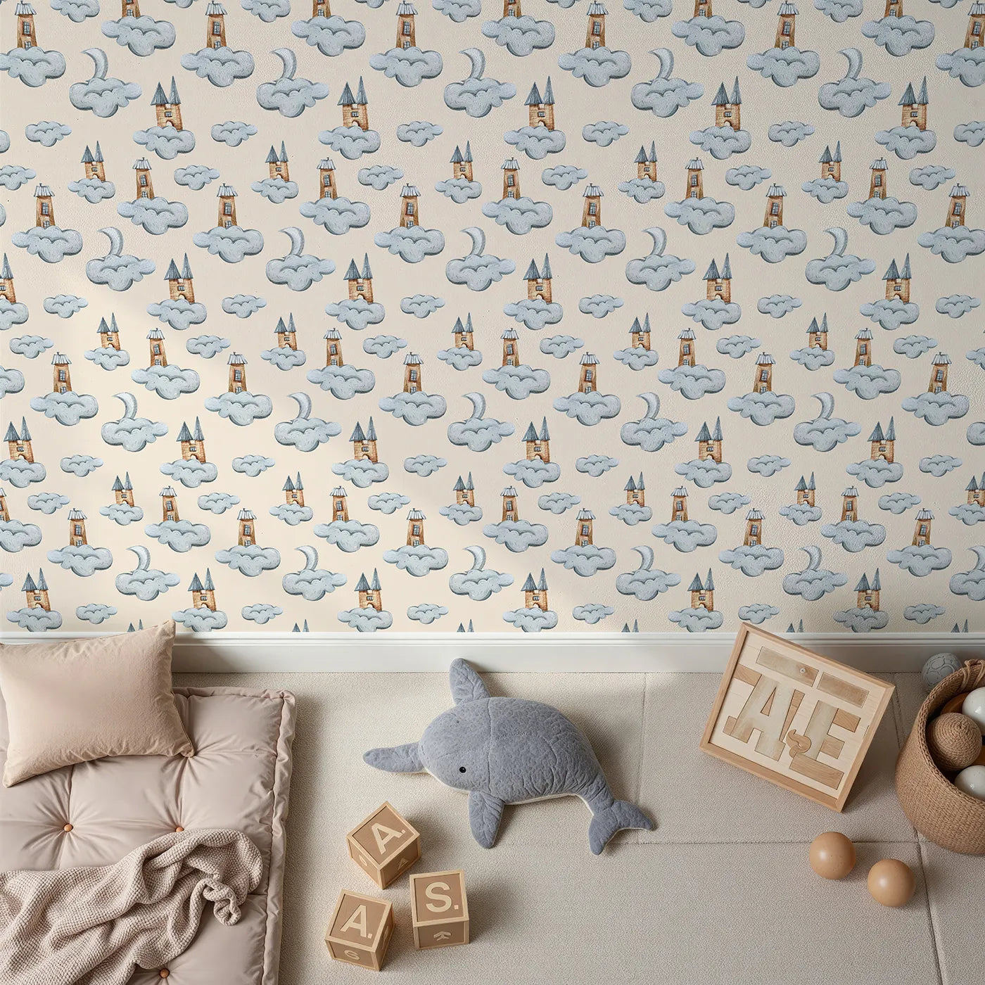 Top-Down view of Whimsy Tots' Castle Cloud Drift Wallpaper in Beige (W3319C).Wooden castles and puffy clouds drift across a warm beige sky.