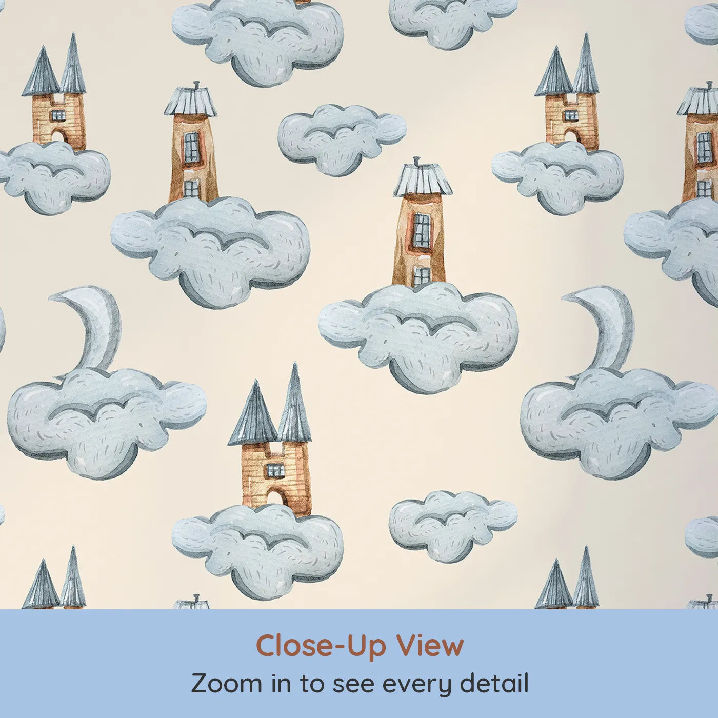 Close-up view of Whimsy Tots' Castle Cloud Drift Wallpaper in Beige (W3319C).Wooden castles and puffy clouds drift across a warm beige sky.
