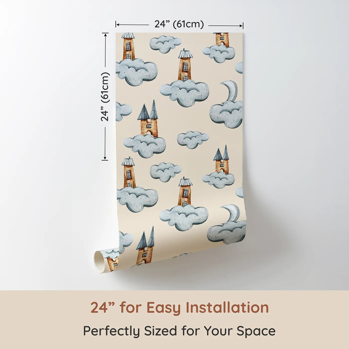 Dimension view of Whimsy Tots Castle Cloud Drift Wallpaper in Beige (W3319C). Printed in 24-inch-wide panel for easy installation. Wooden castles and puffy clouds drift across a warm beige sky.