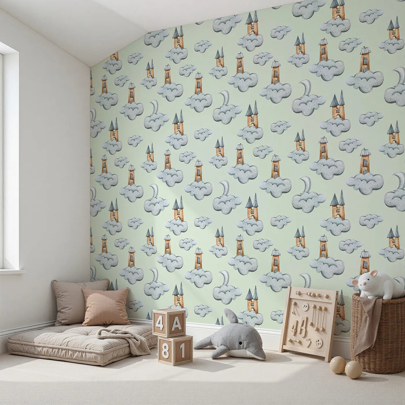 Angled view of Whimsy Tots' Castle Cloud Drift Wallpaper in Mint Green (W3319D).Puffy clouds and tall towers float above a soft minty sky.