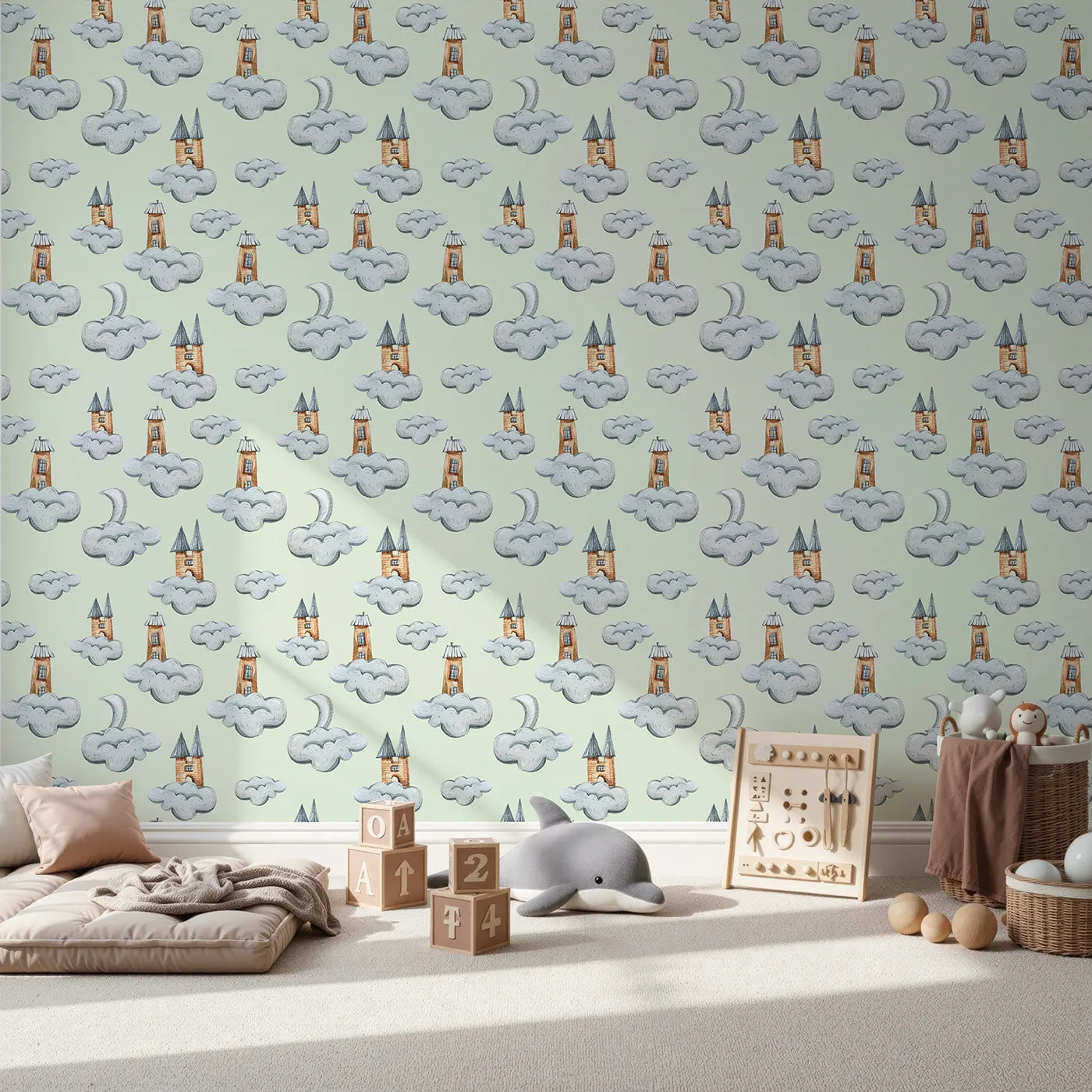 Front view of Whimsy Tots' Castle Cloud Drift Wallpaper in Mint Green