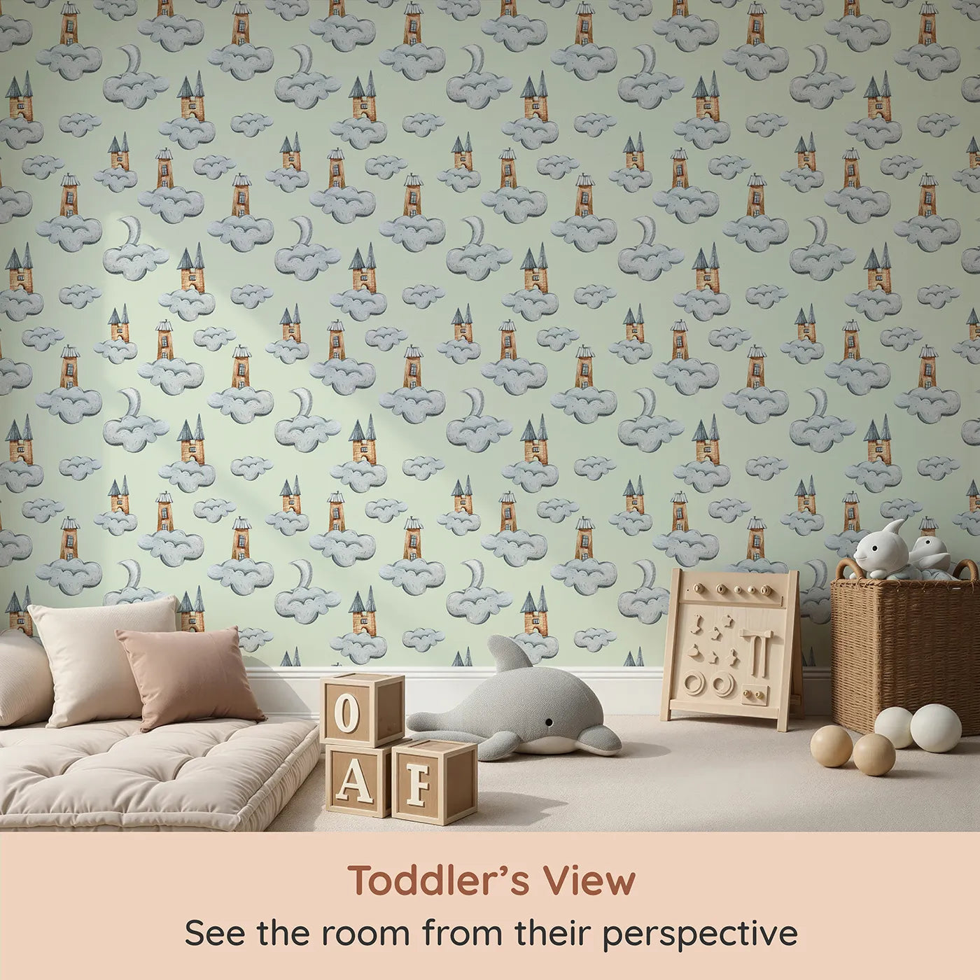 Whimsy Tots Castle Cloud Drift Wallpaper in Mint Green (W3319D) from your child's view.Puffy clouds and tall towers float above a soft minty sky.