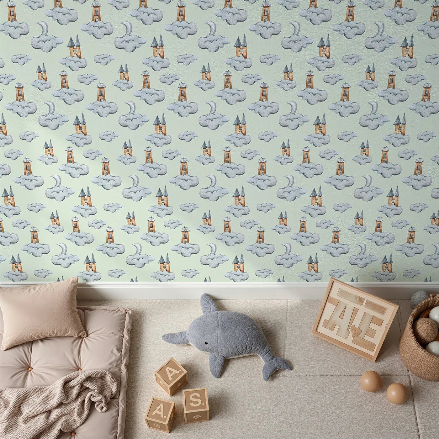 Top-Down view of Whimsy Tots' Castle Cloud Drift Wallpaper in Mint Green (W3319D).Puffy clouds and tall towers float above a soft minty sky.