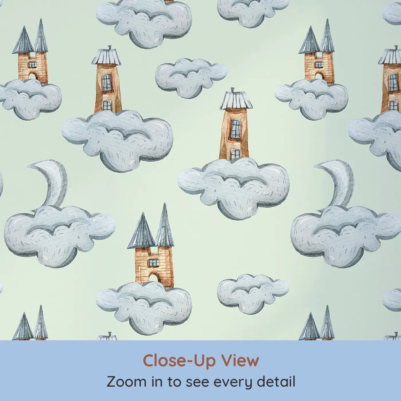 Close-up view of Whimsy Tots' Castle Cloud Drift Wallpaper in Mint Green (W3319D).Puffy clouds and tall towers float above a soft minty sky.