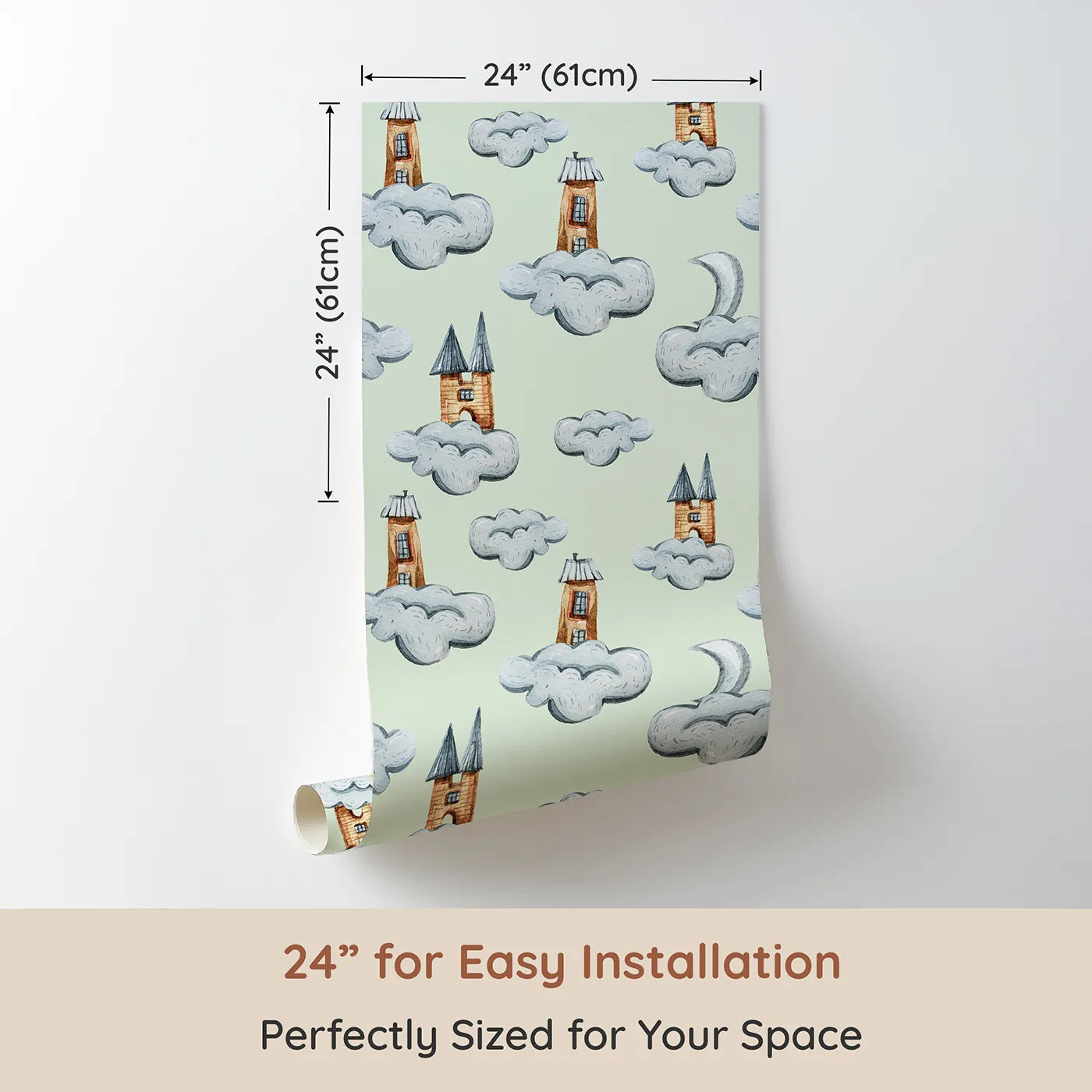 Dimension view of Whimsy Tots Castle Cloud Drift Wallpaper in Mint Green (W3319D). Printed in 24-inch-wide panel for easy installation. Puffy clouds and tall towers float above a soft minty sky.