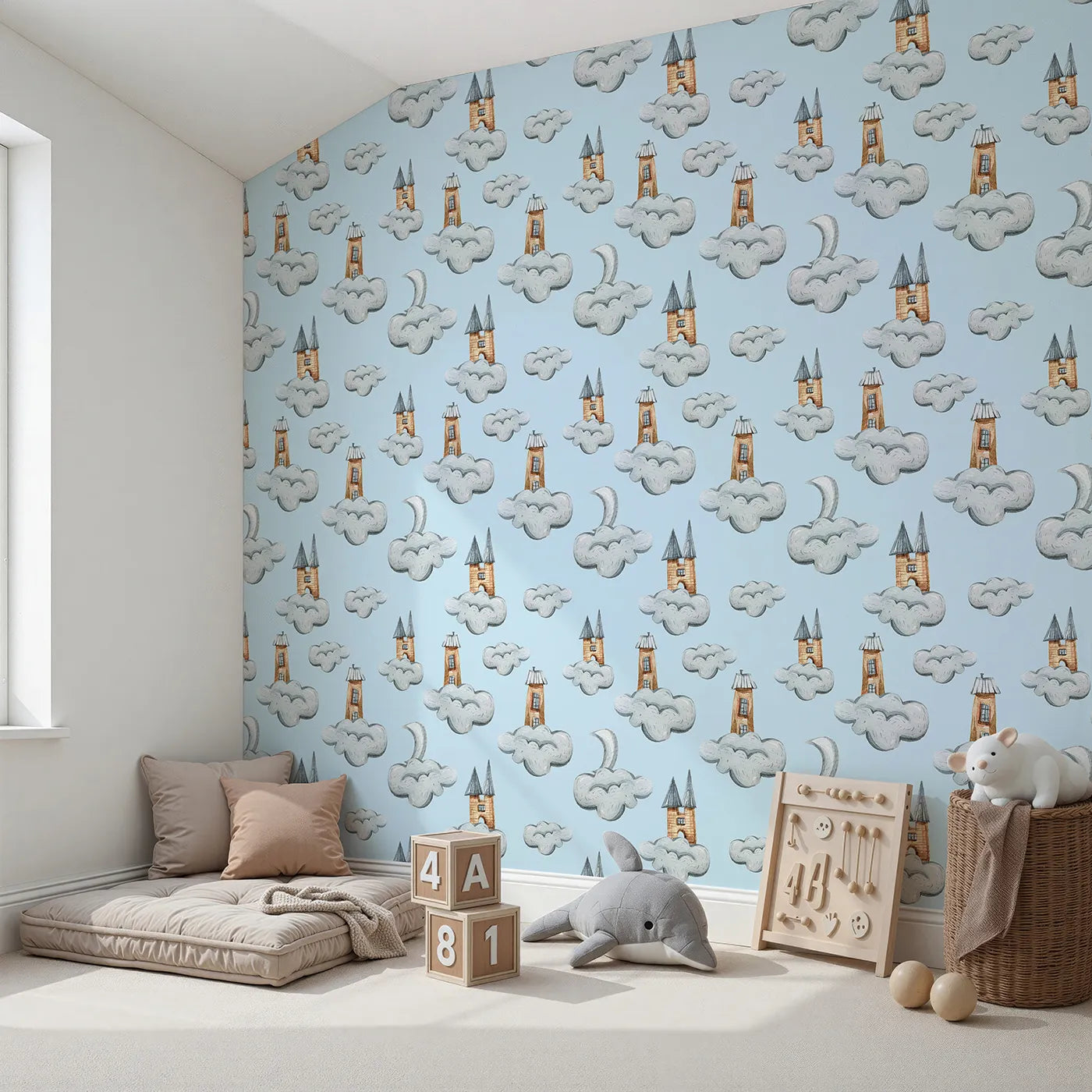 Angled view of Whimsy Tots' Castle Cloud Drift Wallpaper in Blue (W3319E).Whimsical castles float gently above in a dreamy blue sky.
