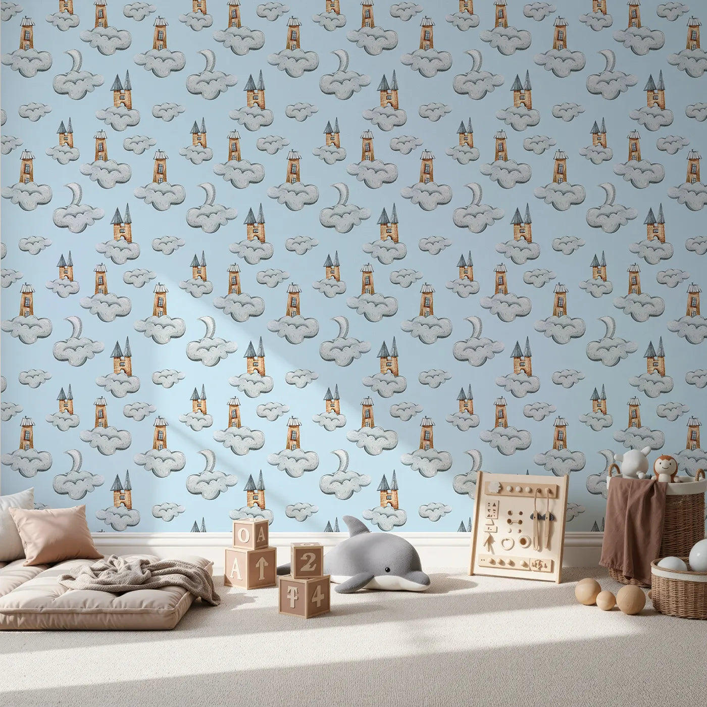 Front view of Whimsy Tots' Castle Cloud Drift Wallpaper in Blue