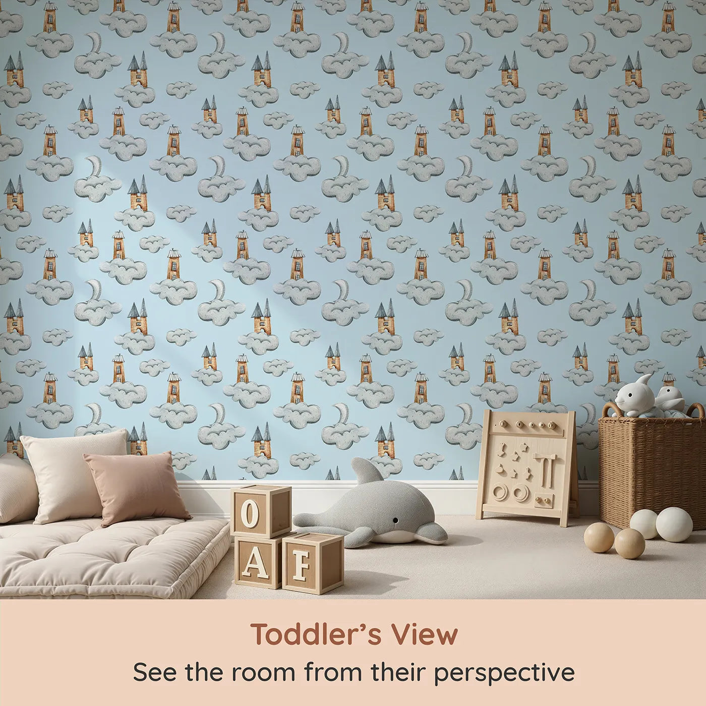 Whimsy Tots Castle Cloud Drift Wallpaper in Blue (W3319E) from your child's view.Whimsical castles float gently above in a dreamy blue sky.