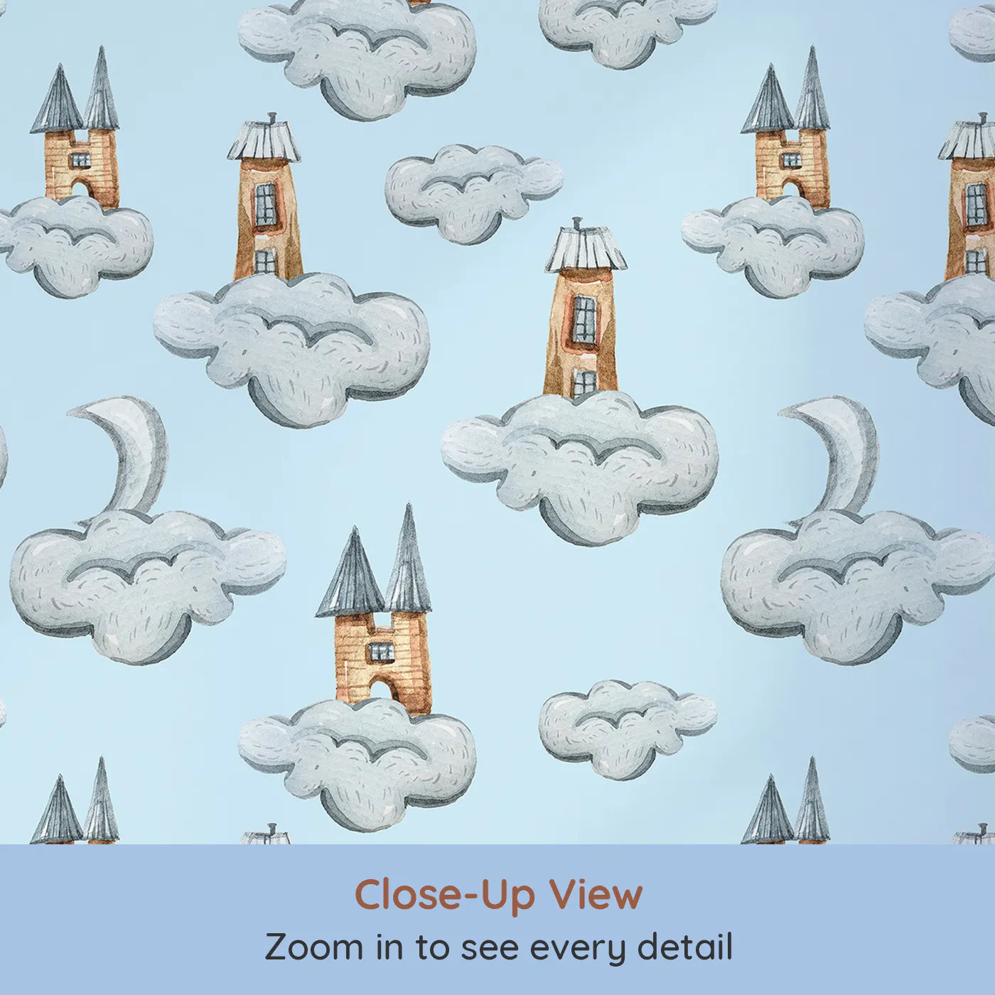 Close-up view of Whimsy Tots' Castle Cloud Drift Wallpaper in Blue (W3319E).Whimsical castles float gently above in a dreamy blue sky.