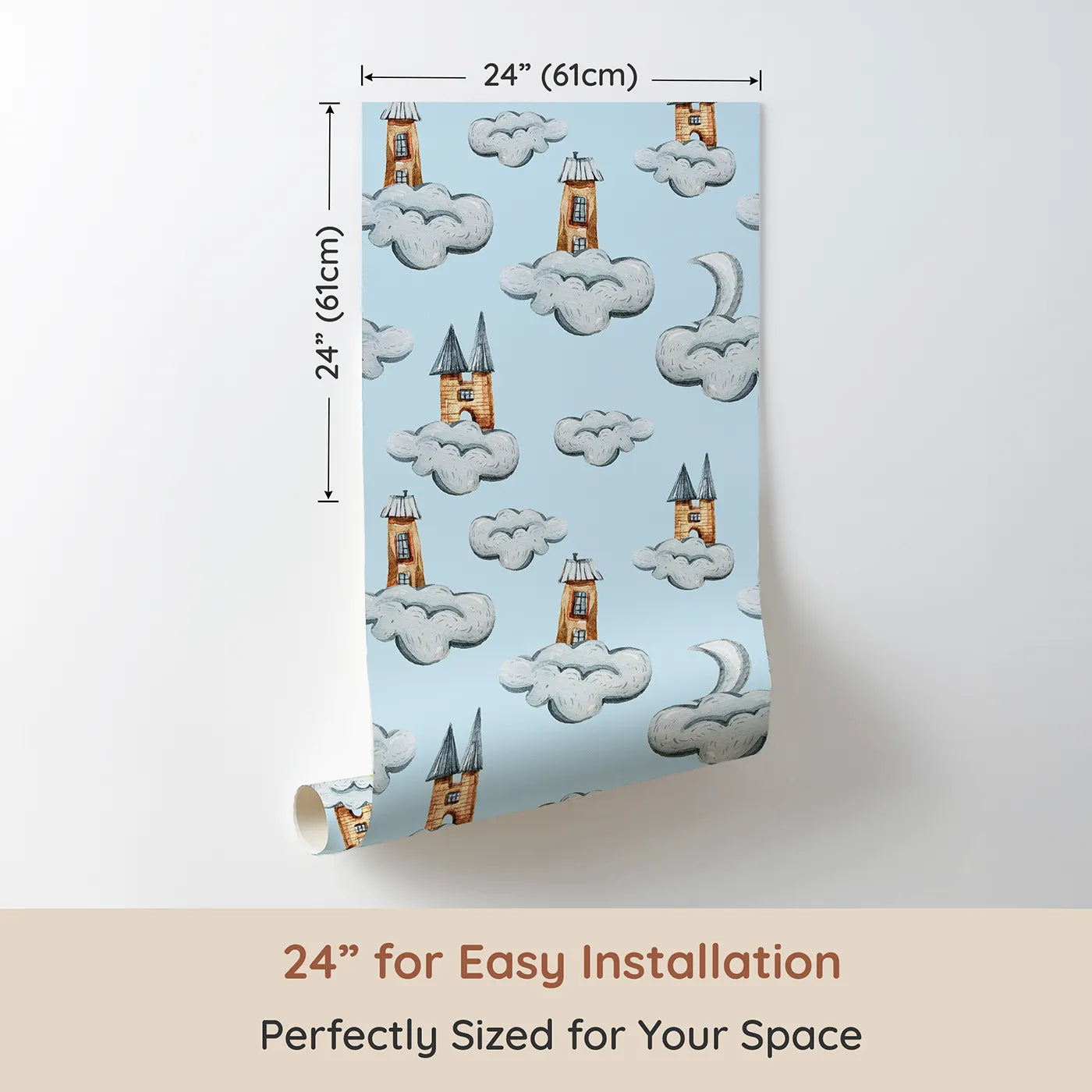 Dimension view of Whimsy Tots Castle Cloud Drift Wallpaper in Blue (W3319E). Printed in 24-inch-wide panel for easy installation. Whimsical castles float gently above in a dreamy blue sky.