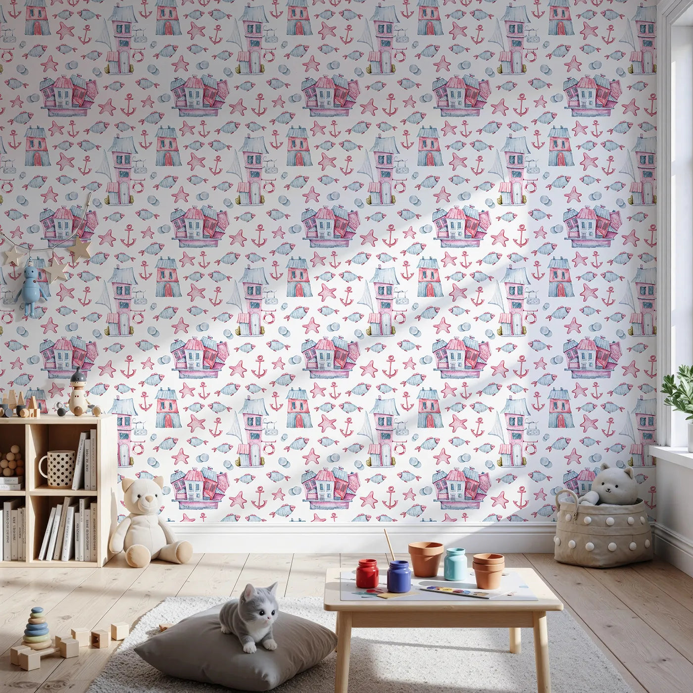 Front view of Whimsy Tots' Seaside Village Parade Wallpaper in White
