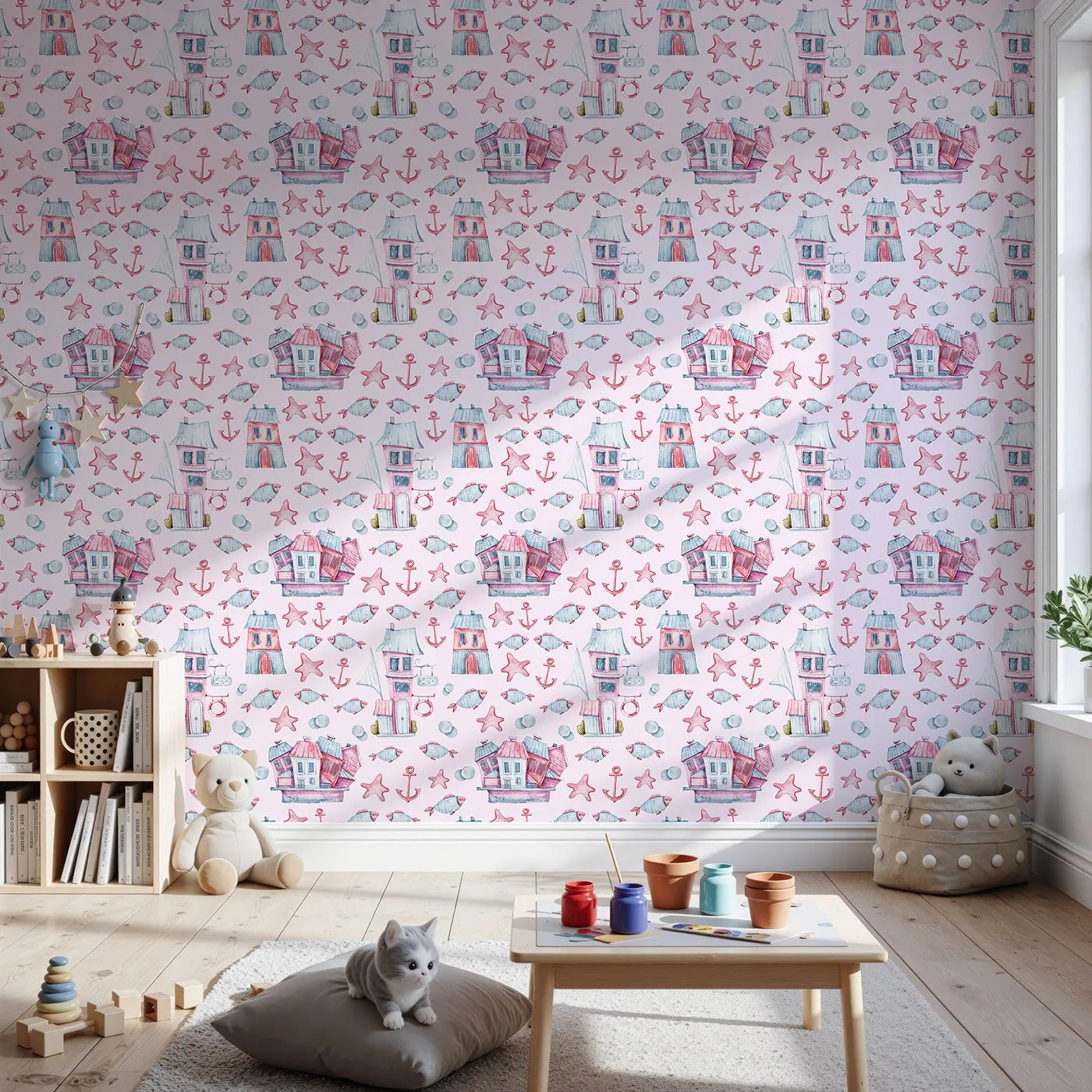 Front view of Whimsy Tots' Seaside Village Parade Wallpaper in Pink