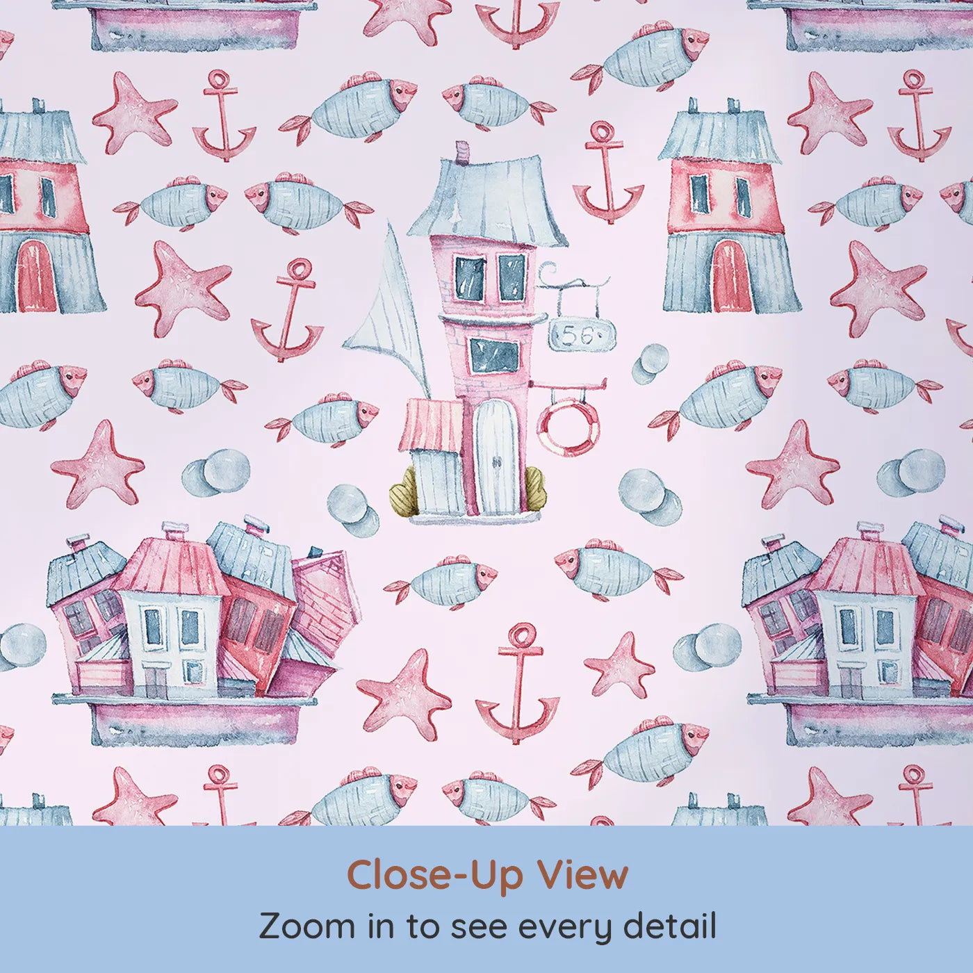 Close-up view of Whimsy Tots' Seaside Village Parade Wallpaper in Pink (W3320B).Charming houses and cheerful sea creatures play across a pink seaside dream.