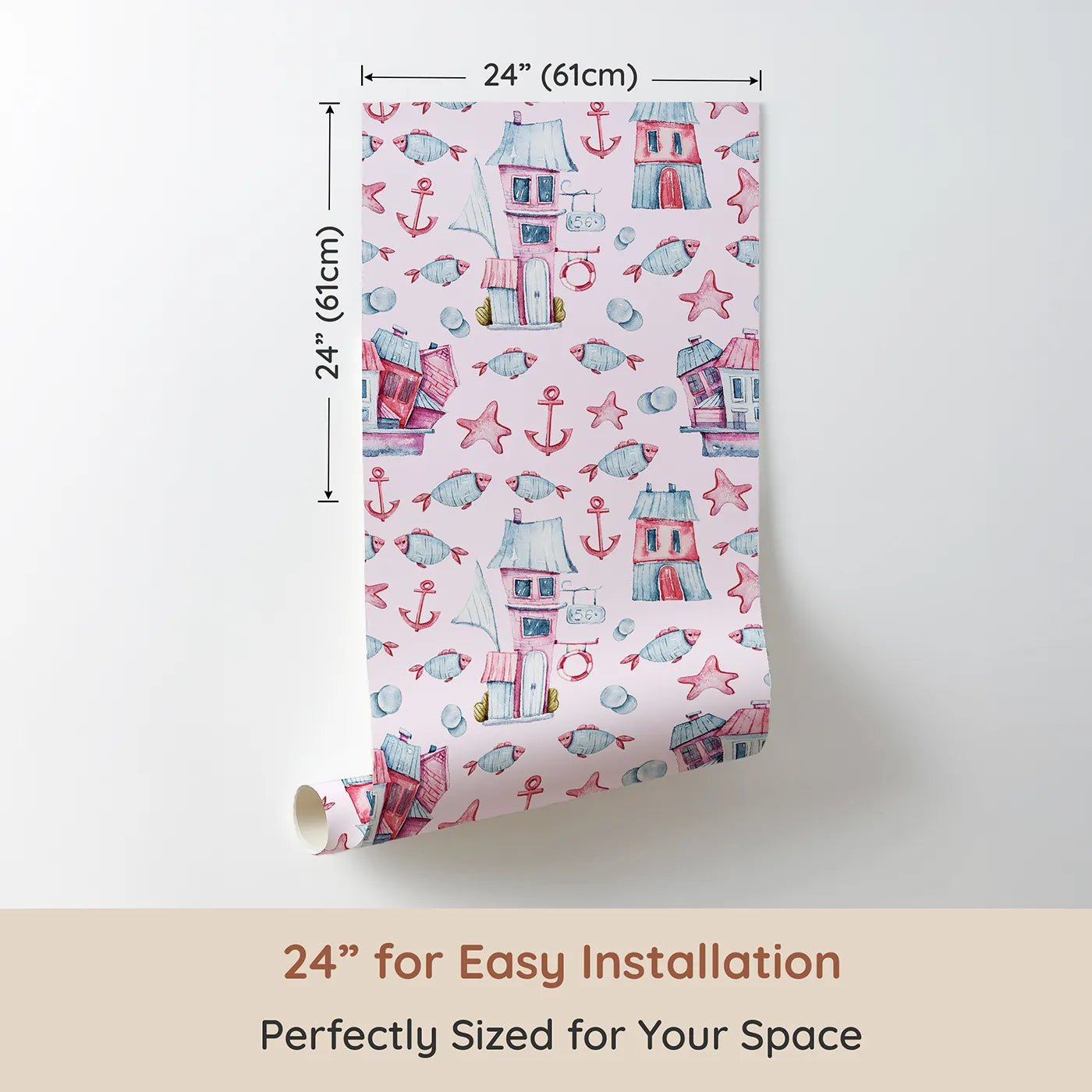 Dimension view of Whimsy Tots Seaside Village Parade Wallpaper in Pink (W3320B). Printed in 24-inch-wide panel for easy installation. Charming houses and cheerful sea creatures play across a pink seaside dream.