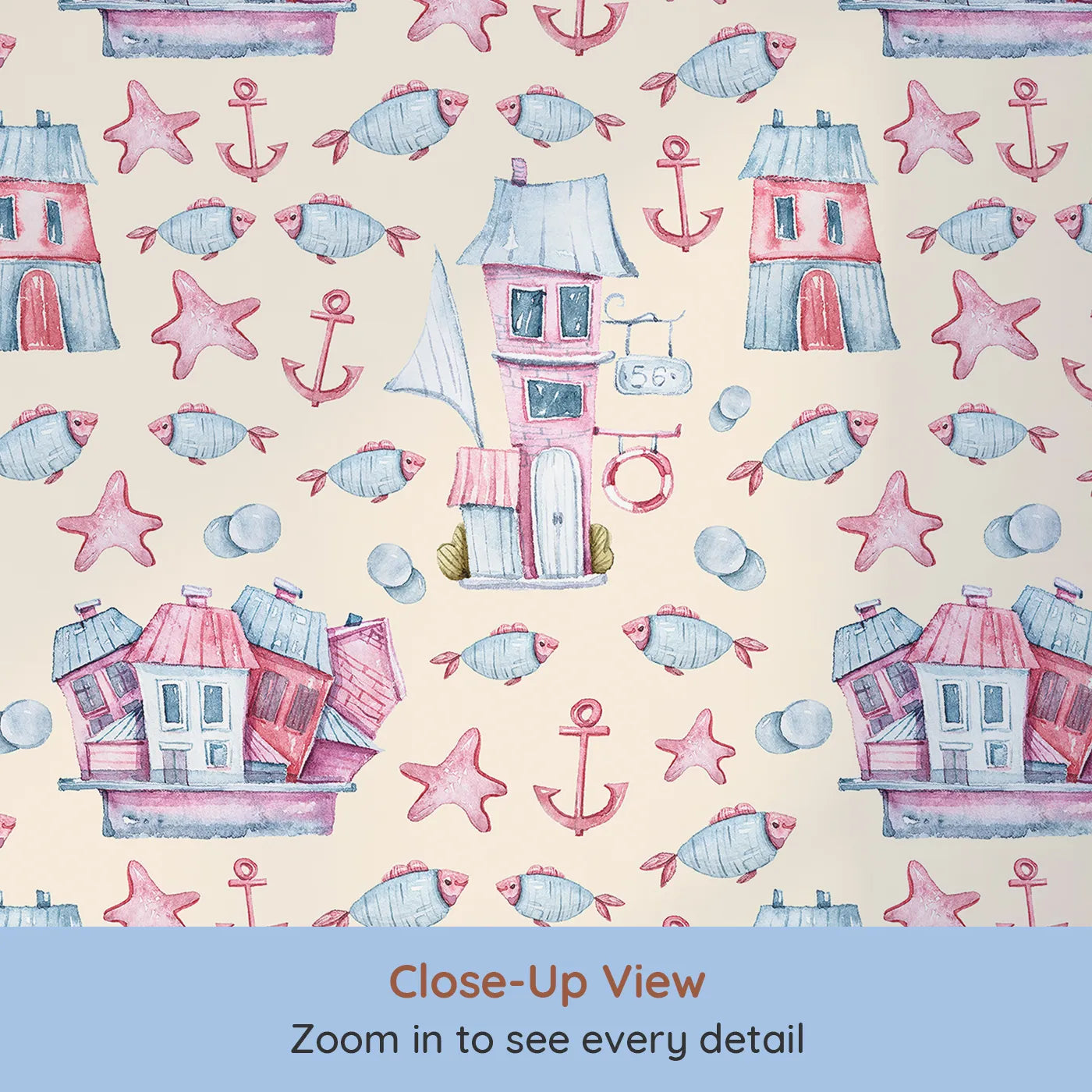 Close-up view of Whimsy Tots' Seaside Village Parade Wallpaper in Beige (W3320C).Blushing fish and seaside homes float gently through a sunny shoreline dream.