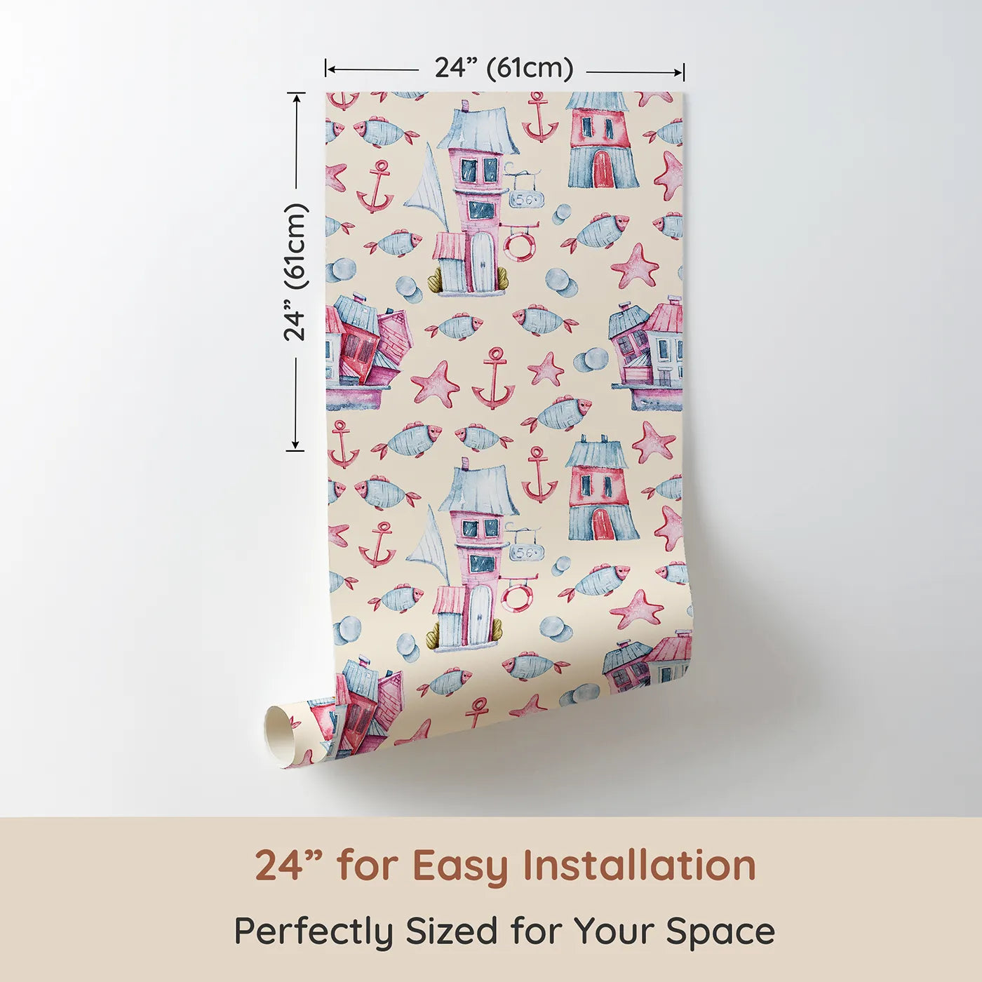Dimension view of Whimsy Tots Seaside Village Parade Wallpaper in Beige (W3320C). Printed in 24-inch-wide panel for easy installation. Blushing fish and seaside homes float gently through a sunny shoreline dream.
