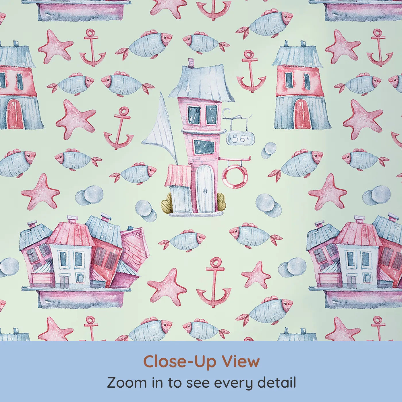 Close-up view of Whimsy Tots' Seaside Village Parade Wallpaper in Mint Green (W3320D).Cheerful fish and sea cottages float gently through a minty dreamscape.