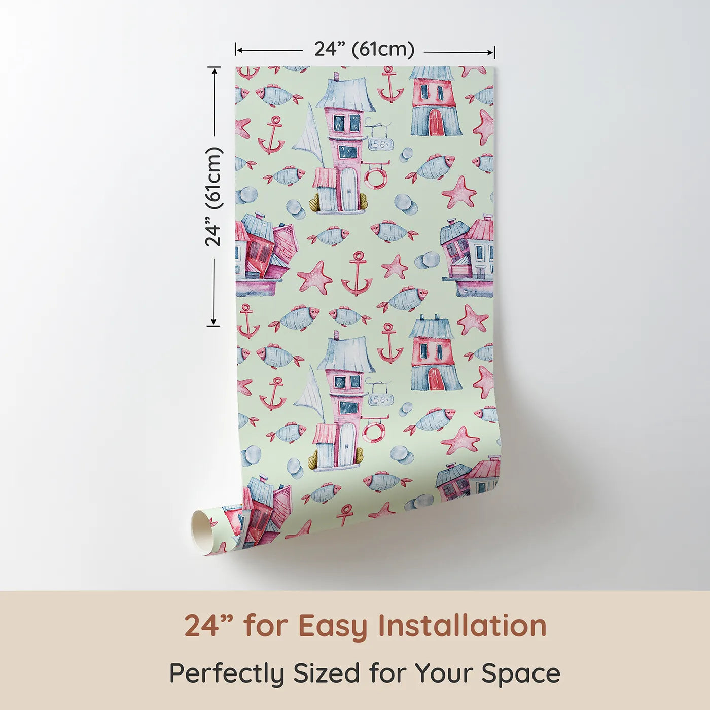 Dimension view of Whimsy Tots Seaside Village Parade Wallpaper in Mint Green (W3320D). Printed in 24-inch-wide panel for easy installation. Cheerful fish and sea cottages float gently through a minty dreamscape.