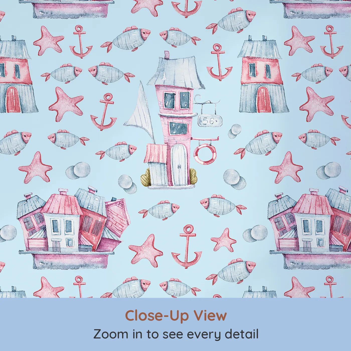 Close-up view of Whimsy Tots' Seaside Village Parade Wallpaper in Blue (W3320E).Seaside homes and playful fish drift through a cheerful ocean sky.