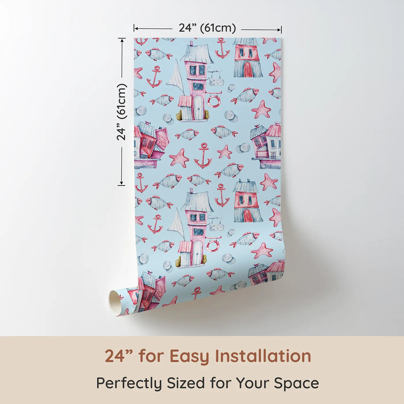 Dimension view of Whimsy Tots Seaside Village Parade Wallpaper in Blue (W3320E). Printed in 24-inch-wide panel for easy installation. Seaside homes and playful fish drift through a cheerful ocean sky.