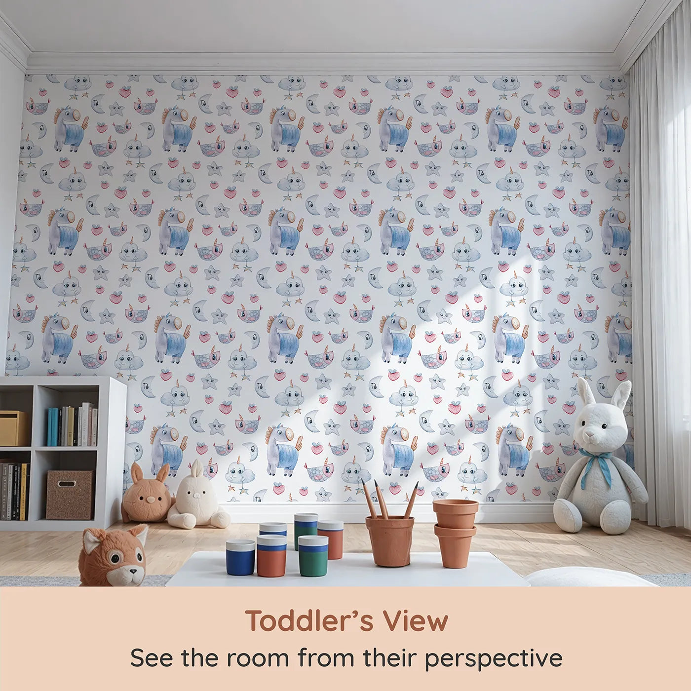 Whimsy Tots Starlight Narwhal Parade Wallpaper in White (W3321A) from your child's view.Unicorn narwhals, starry moons, and blushing clouds dance through a magical sky.