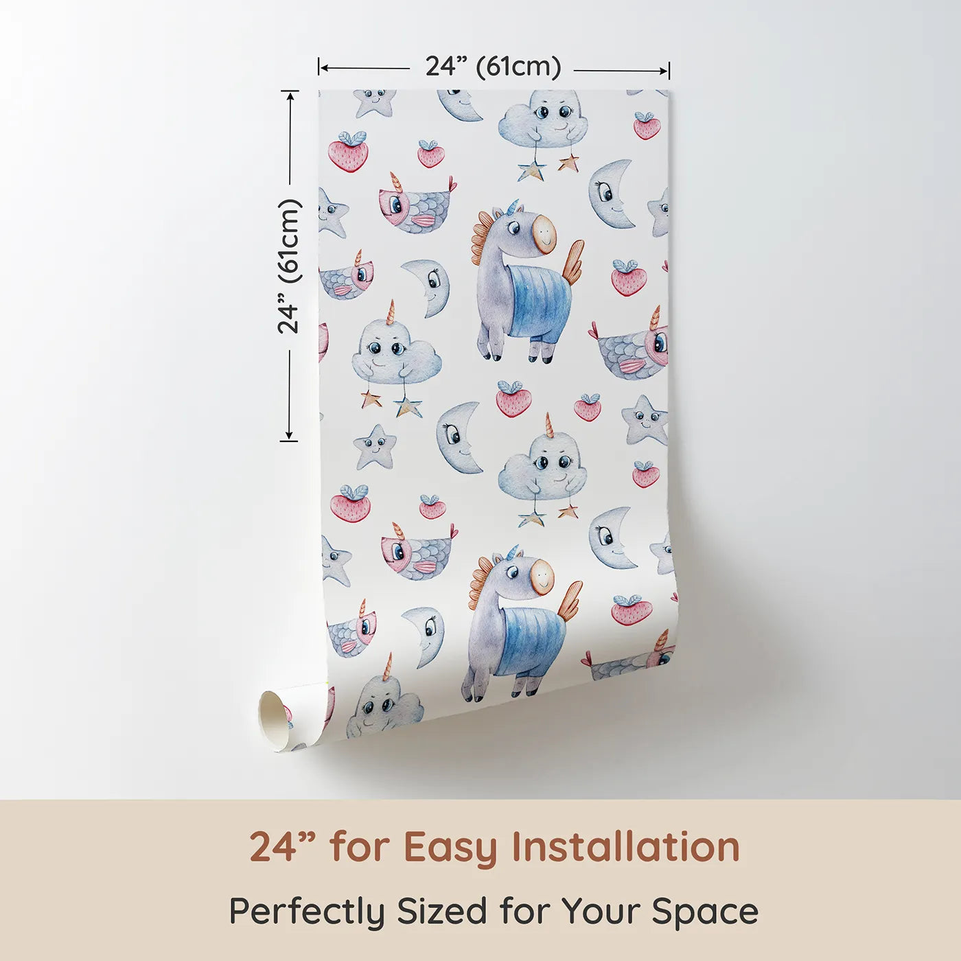 Dimension view of Whimsy Tots Starlight Narwhal Parade Wallpaper in White (W3321A). Printed in 24-inch-wide panel for easy installation. Unicorn narwhals, starry moons, and blushing clouds dance through a magical sky.