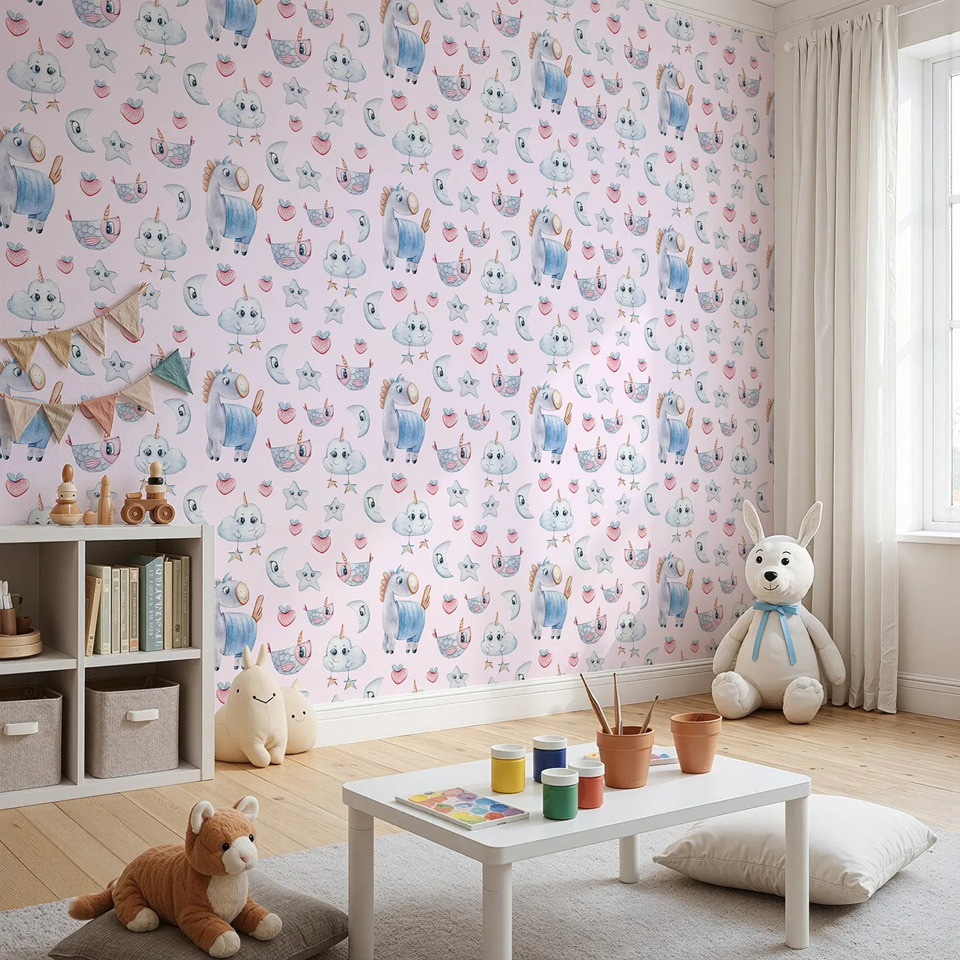 Angled view of Whimsy Tots' Starlight Narwhal Parade Wallpaper in Pink (W3321B).Narwhals, moons, and heart-shaped fruit play across a dreamy pink sky.