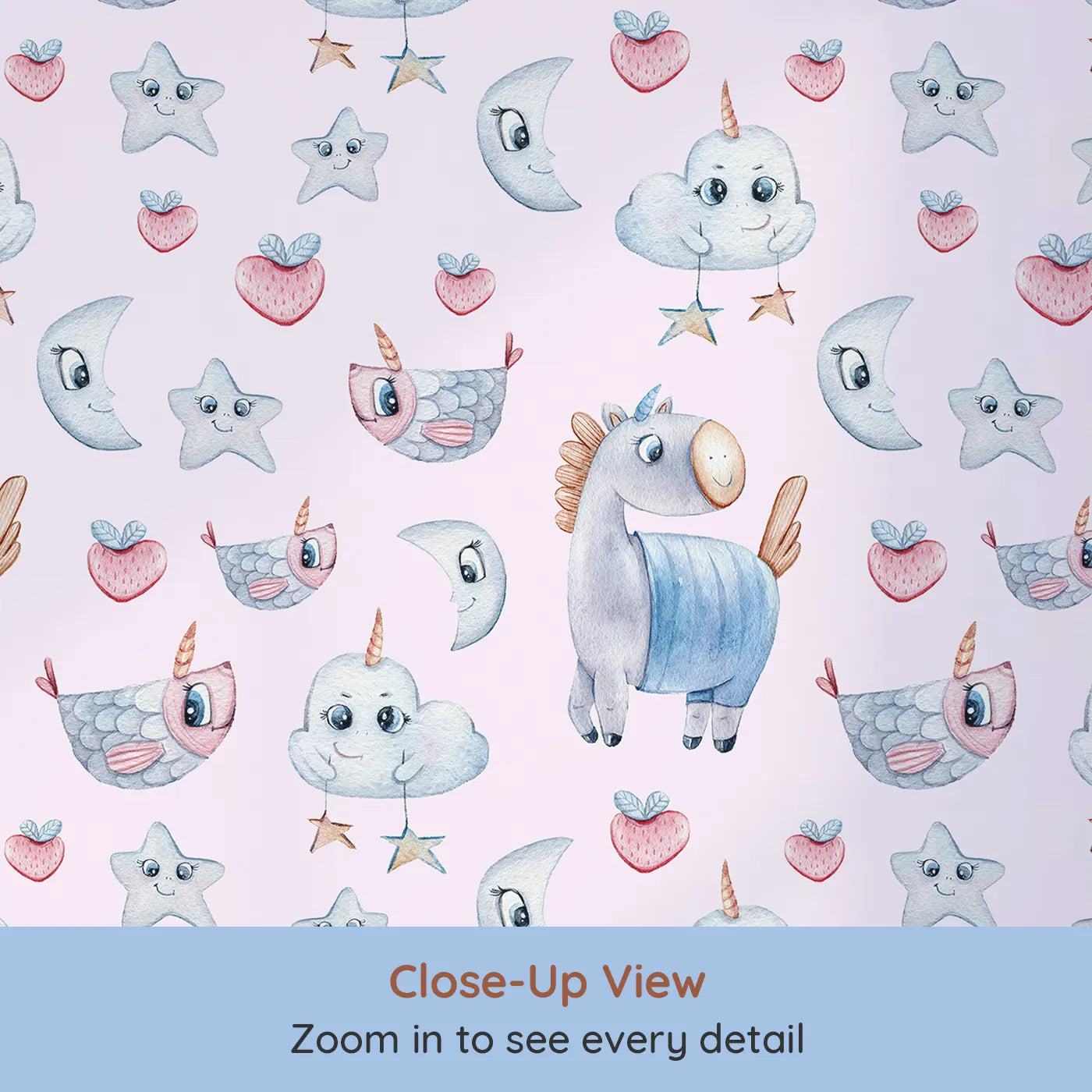 Close-up view of Whimsy Tots' Starlight Narwhal Parade Wallpaper in Pink (W3321B).Narwhals, moons, and heart-shaped fruit play across a dreamy pink sky.