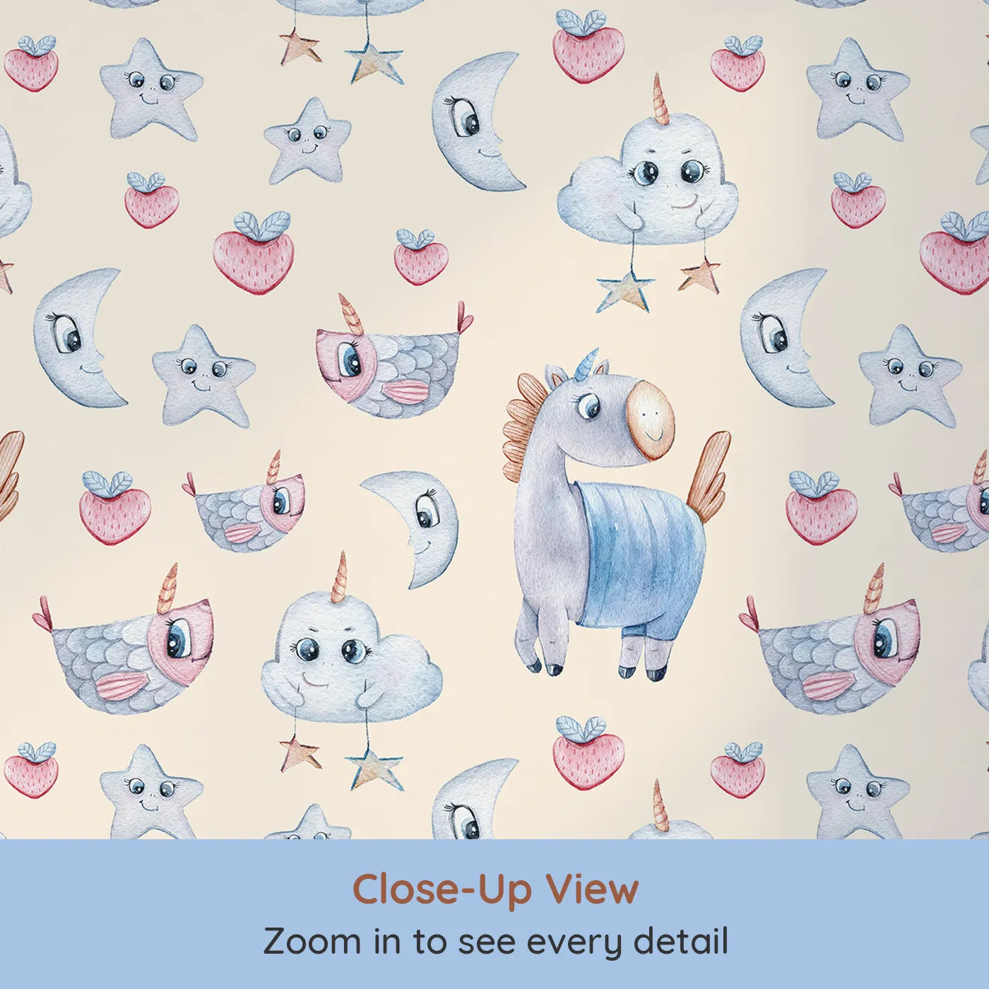 Close-up view of Whimsy Tots' Starlight Narwhal Parade Wallpaper in Beige (W3321C).Narwhals, stars, and soft moons drift through a warm beige wonderland.