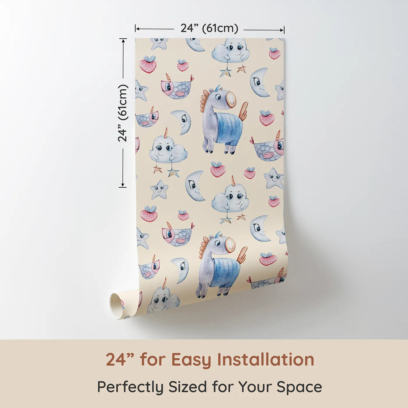 Dimension view of Whimsy Tots Starlight Narwhal Parade Wallpaper in Beige (W3321C). Printed in 24-inch-wide panel for easy installation. Narwhals, stars, and soft moons drift through a warm beige wonderland.