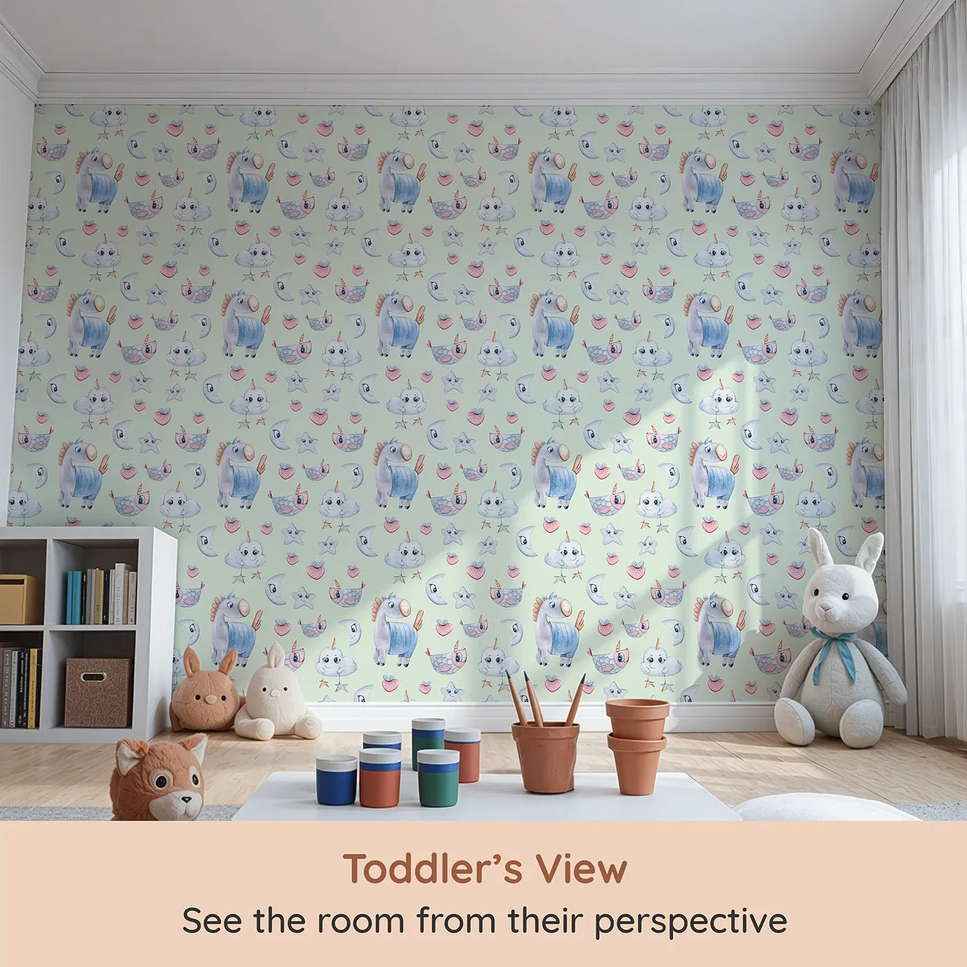 Whimsy Tots Starlight Narwhal Parade Wallpaper in Mint Green (W3321D) from your child's view.Narwhals and smiling stars float playfully through a minty green sky.