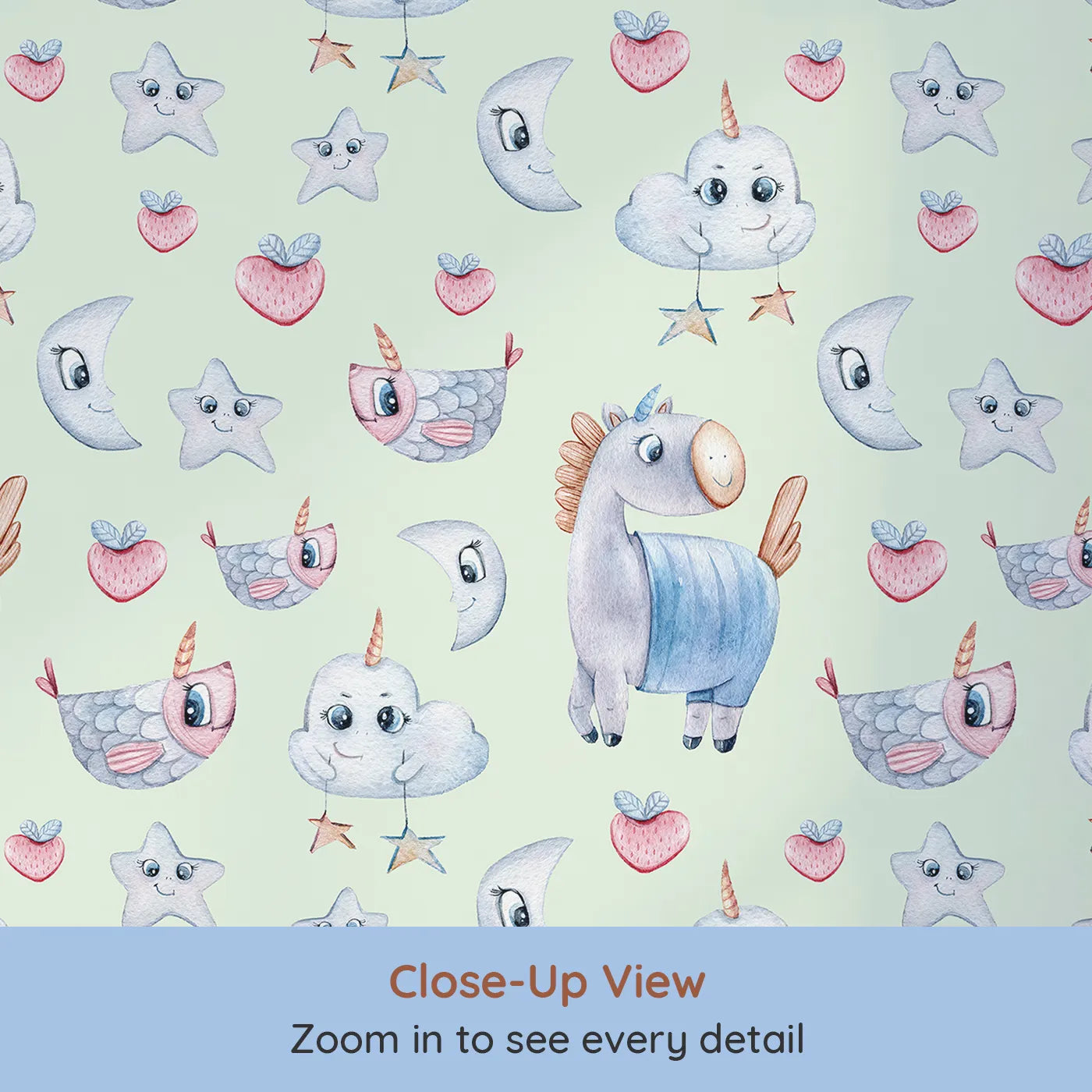Close-up view of Whimsy Tots' Starlight Narwhal Parade Wallpaper in Mint Green (W3321D).Narwhals and smiling stars float playfully through a minty green sky.
