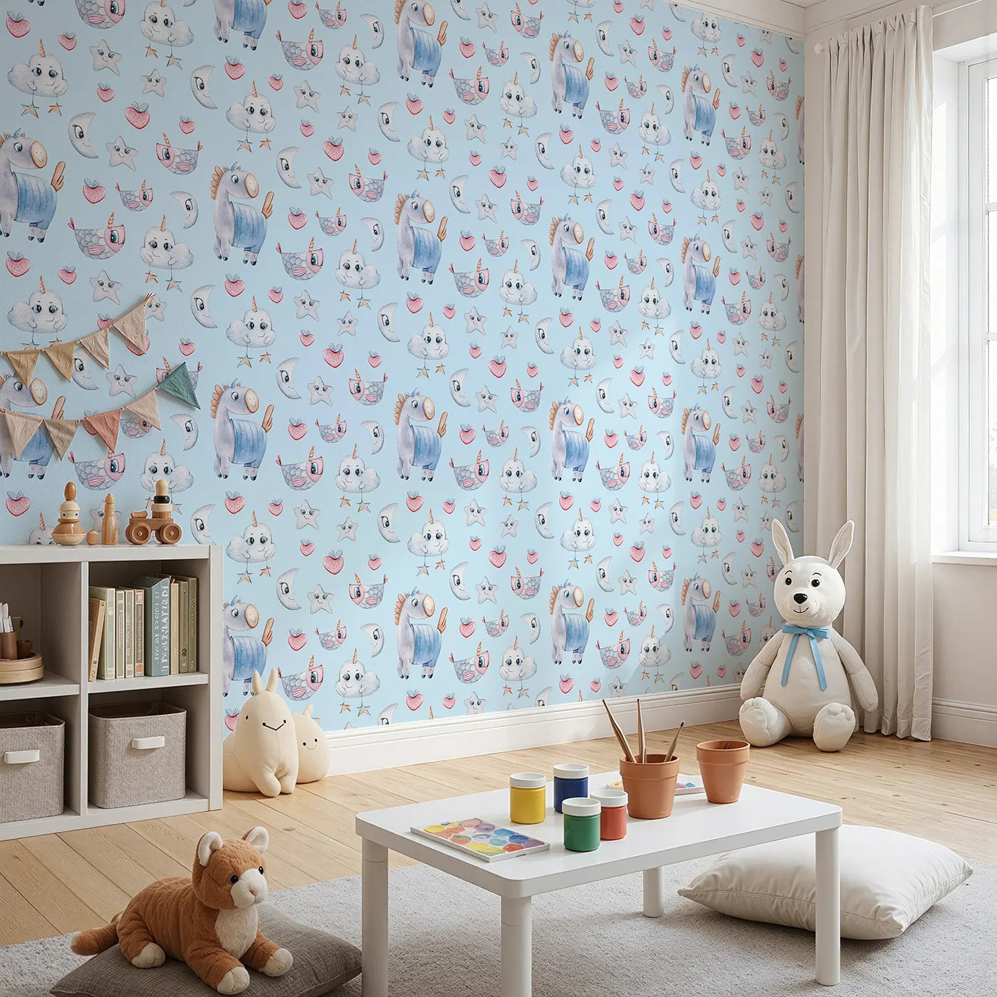Angled view of Whimsy Tots' Starlight Narwhal Parade Wallpaper in Blue (W3321E).Unicorn narwhals, starry clouds, and pastel fruits float across dreamy blue skies.