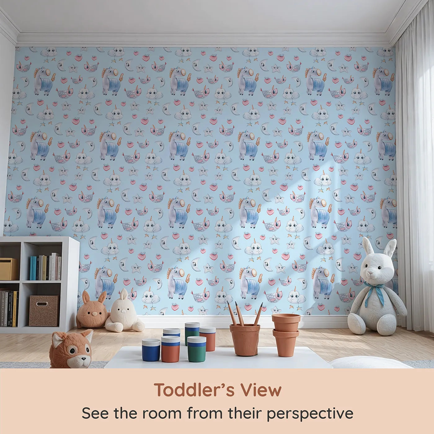 Whimsy Tots Starlight Narwhal Parade Wallpaper in Blue (W3321E) from your child's view.Unicorn narwhals, starry clouds, and pastel fruits float across dreamy blue skies.