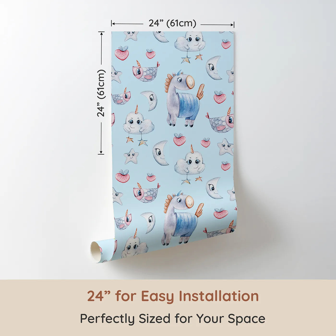 Dimension view of Whimsy Tots Starlight Narwhal Parade Wallpaper in Blue (W3321E). Printed in 24-inch-wide panel for easy installation. Unicorn narwhals, starry clouds, and pastel fruits float across dreamy blue skies.