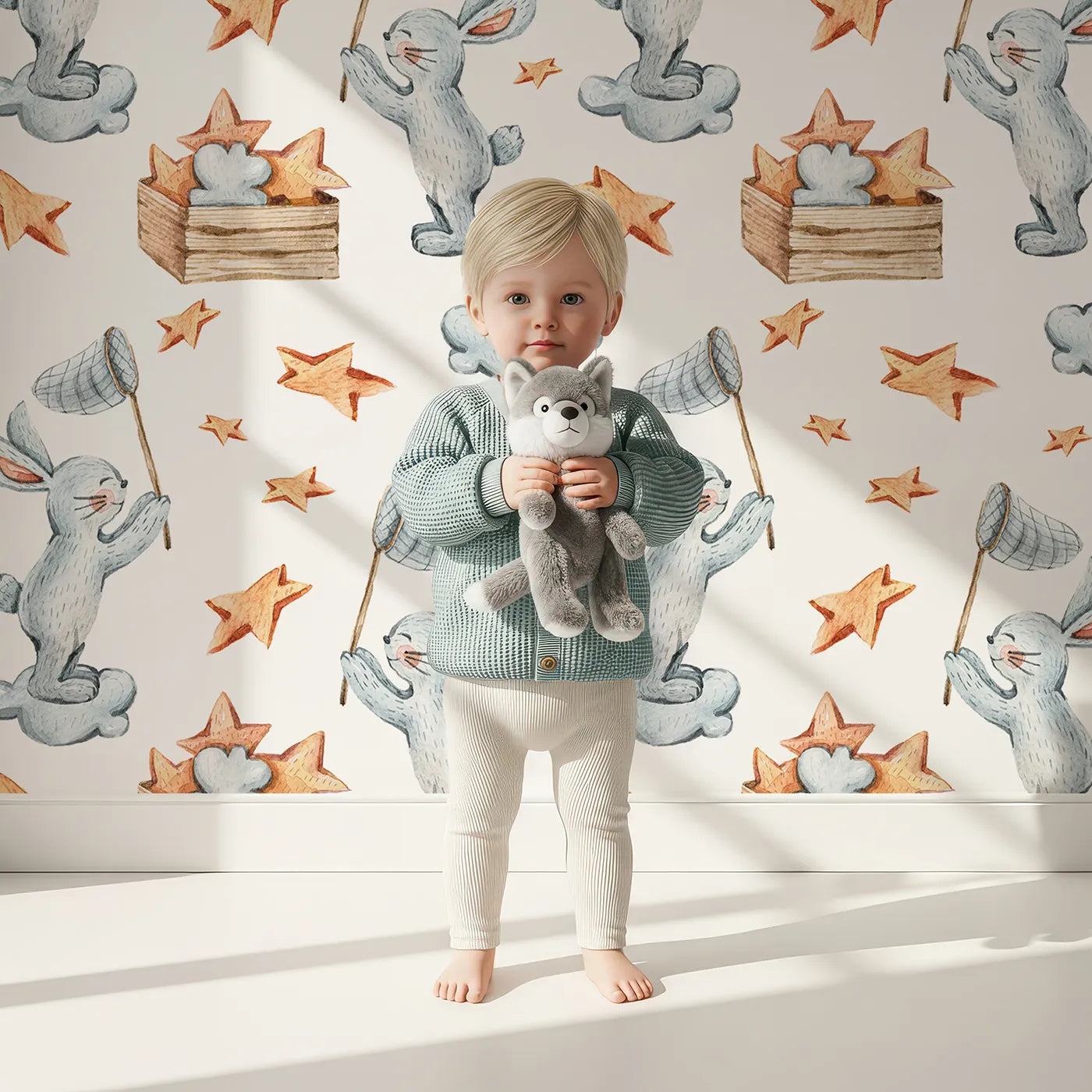 Lovely child standing in front of Whimsy Tots Star Catcher Bunnies Wallpaper in White with rabbit, star, cloud, net in design.