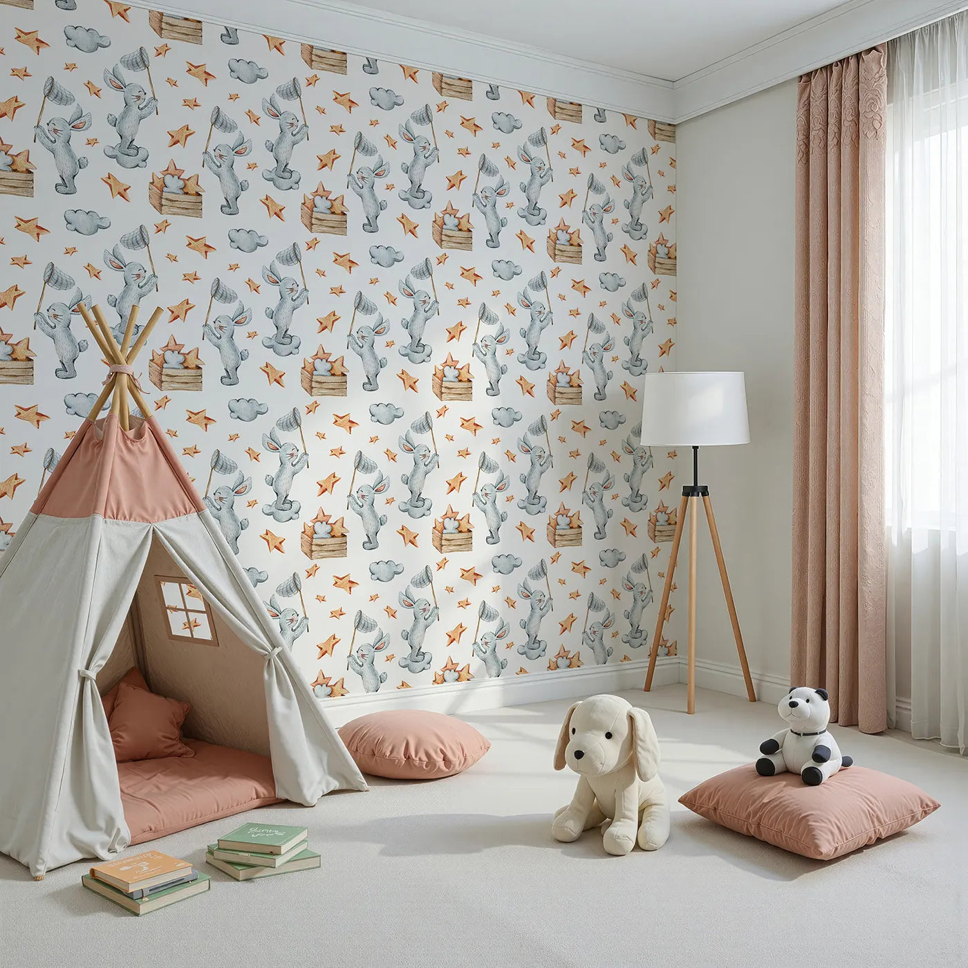 Angled view of Whimsy Tots' Star Catcher Bunnies Wallpaper in White (W3323A).Playful bunnies float on clouds catching stars with soft, sleepy joy.