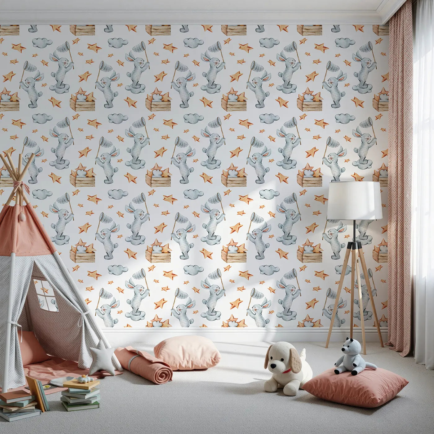 Front view of Whimsy Tots' Star Catcher Bunnies Wallpaper in White