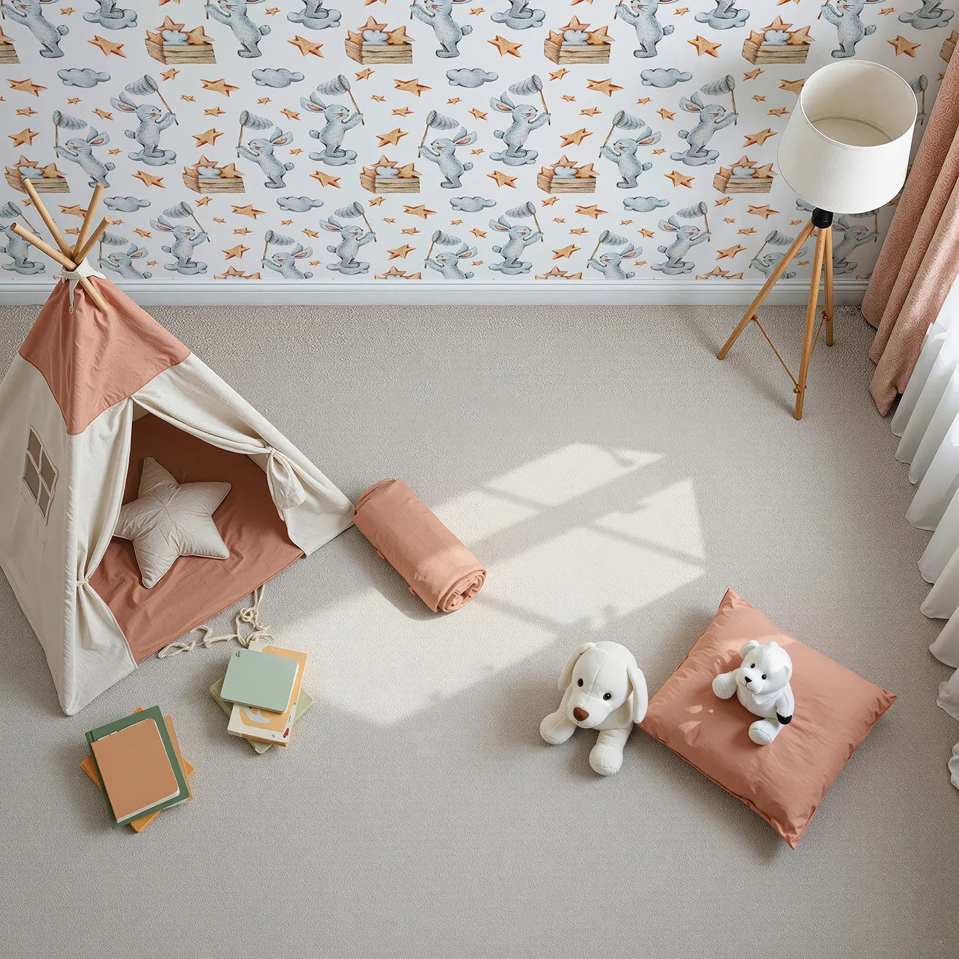 Top-Down view of Whimsy Tots' Star Catcher Bunnies Wallpaper in White (W3323A).Playful bunnies float on clouds catching stars with soft, sleepy joy.