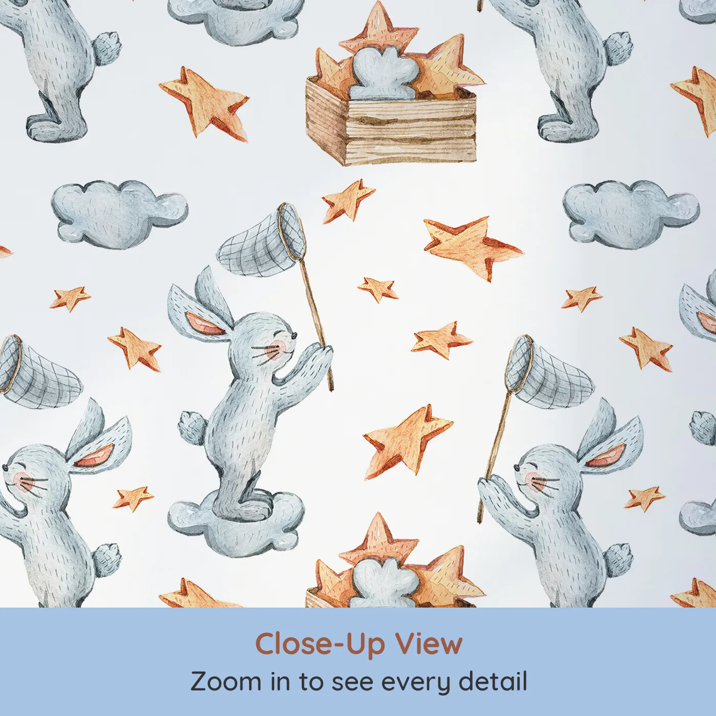 Close-up view of Whimsy Tots' Star Catcher Bunnies Wallpaper in White (W3323A).Playful bunnies float on clouds catching stars with soft, sleepy joy.