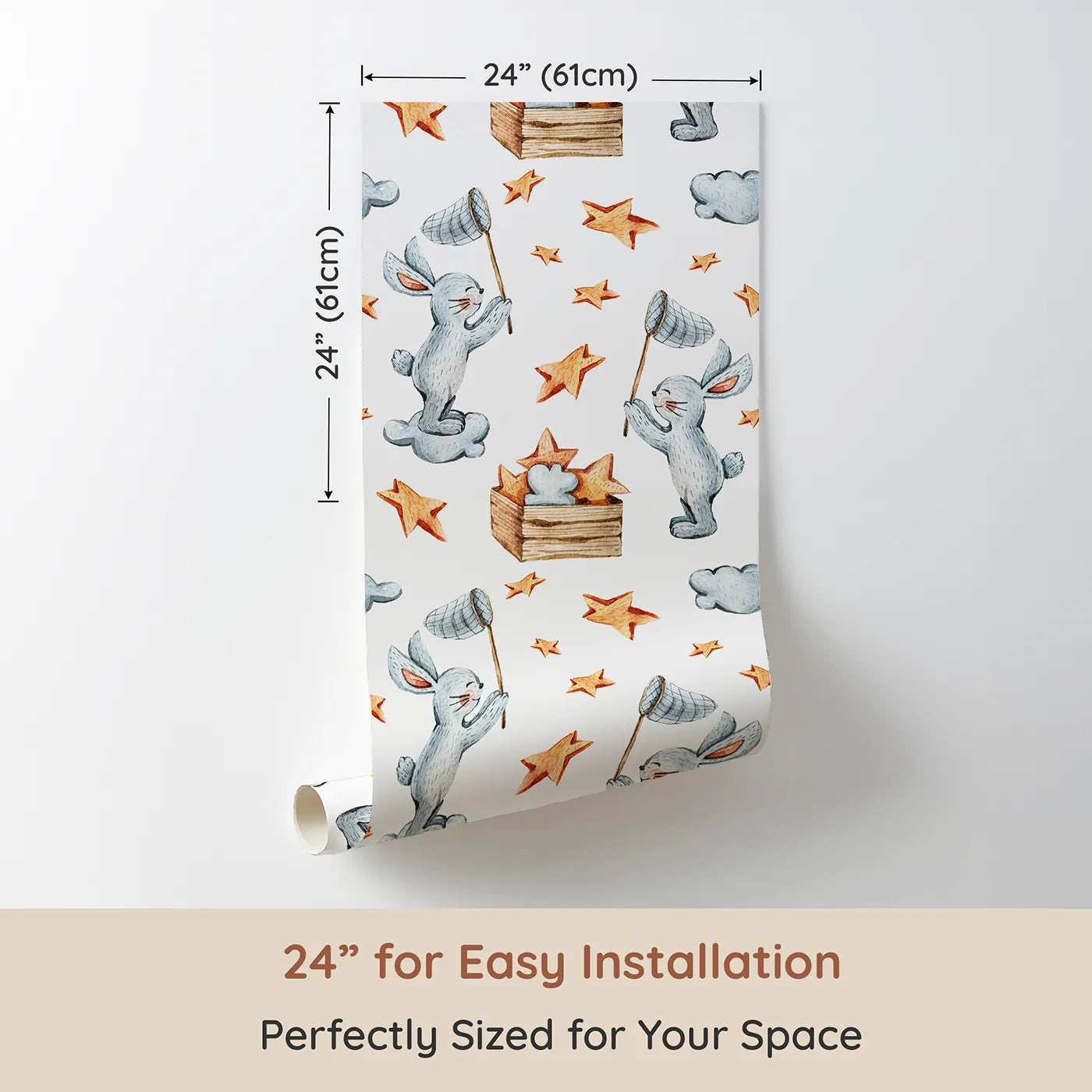 Dimension view of Whimsy Tots Star Catcher Bunnies Wallpaper in White (W3323A). Printed in 24-inch-wide panel for easy installation. Playful bunnies float on clouds catching stars with soft, sleepy joy.