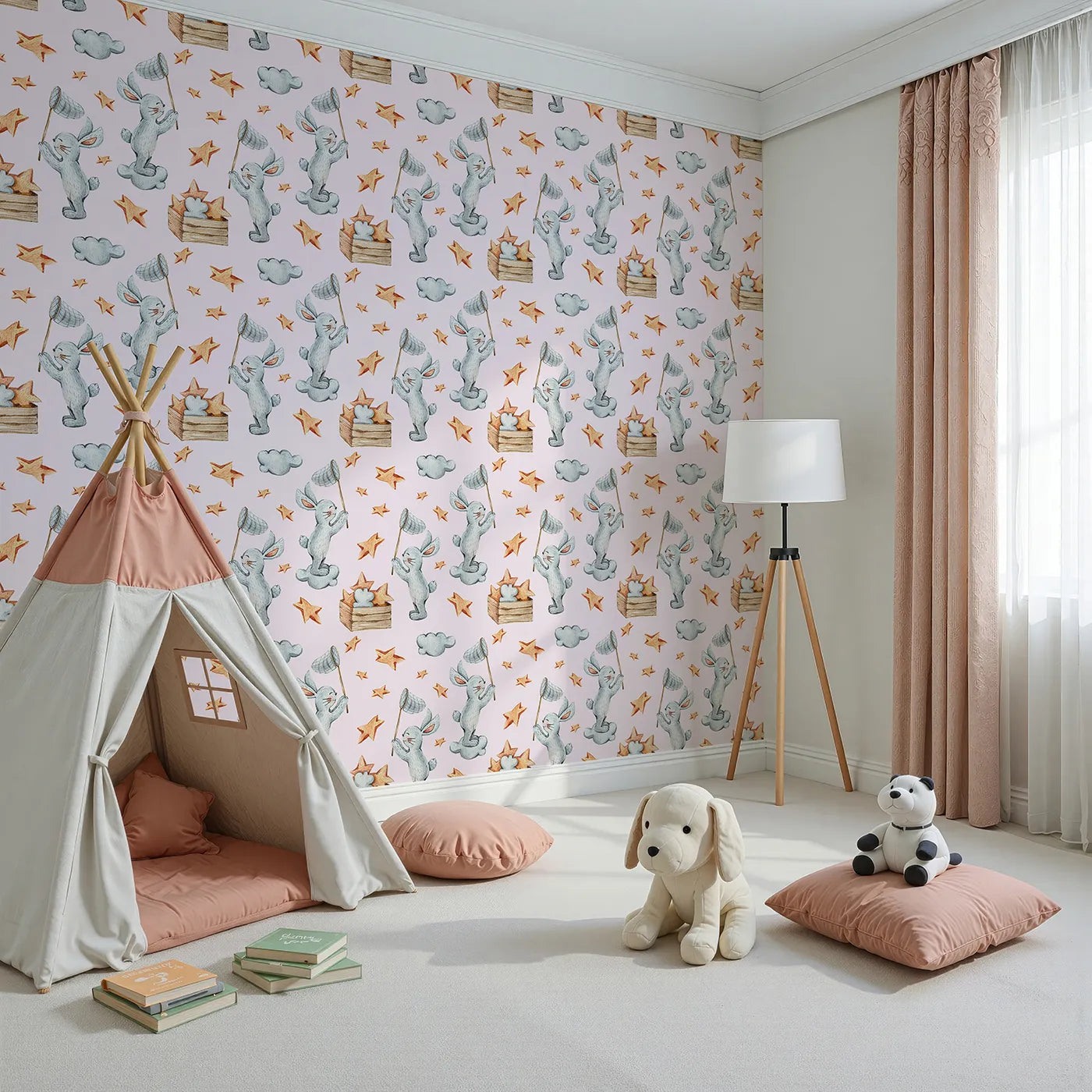 Angled view of Whimsy Tots' Star Catcher Bunnies Wallpaper in Pink (W3323B).Happy bunnies float through pink skies, netting stars in midair.