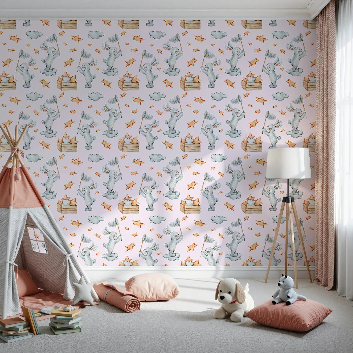 Front view of Whimsy Tots' Star Catcher Bunnies Wallpaper in Pink