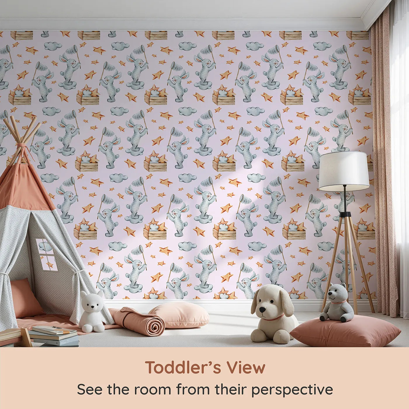 Whimsy Tots Star Catcher Bunnies Wallpaper in Pink (W3323B) from your child's view.Happy bunnies float through pink skies, netting stars in midair.